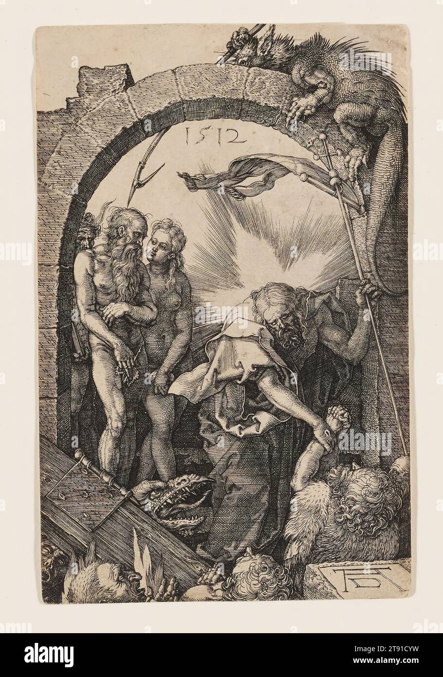 Christ in Limbo, 1512, Albrecht Dürer, tedesco, 1471–1528, 1/2 x 7/8 poll. (11,43 x 7,3 cm) (immagine), incisione, Germania, XVI secolo, durer eseguì la passione incisa durante gli anni 1507-1512, mentre a metà dei vent'anni. Nei quindici piatti, Durer cercava problemi difficili, come l'accorciamento estremo. C'è un marcato oscuramento dell'intera immagine, mentre le figure sono accentuate da una luce sobria ma espressiva che aggiunge drammaticità agli eventi cupi. Il posizionamento coerente delle figure in primo piano unifica la serie. Durer le vendeva abitualmente come un set Foto Stock