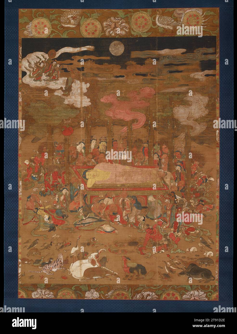 Parinirvana di Sakyamuni, il Buddha storico, XIV secolo, sconosciuto giapponese, 61 x 41 15/16 pollici (154,94 x 106,52 cm) (solo immagine)85 x 48 1/2" (215,9 x 123,19 cm) (montaggio, senza rullo)87 x 51 1/2" (220,98 x 130,81 cm) (con rullo), inchiostro, colore e oro su seta, Giappone, XIV secolo, la tradizione sostiene che in una notte illuminata dalla luna circa 2.500 anni fa, lo storico Buddha, Sakyamuni, morì, sdraiato su un divano in un boschetto di alberi di sala sacri ai piedi dell'Himalaya. Come mostra questo dipinto sacro, una miriade di lutti: Umani, esseri divini, ogni varietà di vita animale Foto Stock