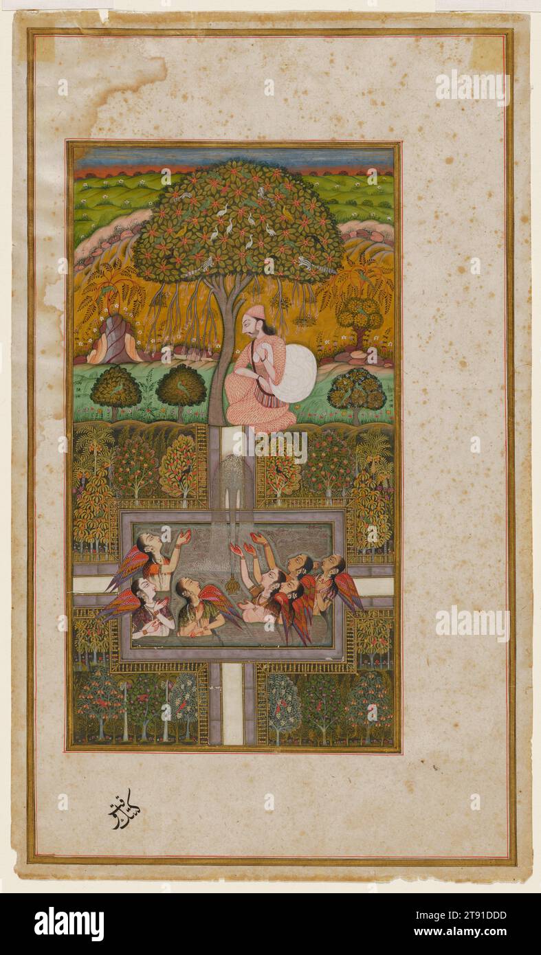 Raja Bikram Collecting the Clothes of the Bathing Fairies, c. 1710, Mulla Nusrati, 15 1/4 x 8 7/8 poll. (38,74 x 22,54 cm) (foglio), acquerelli opachi e oro su carta, India, XVIII secolo, il Gulshan-i-Ishq è un romanzo scritto in Deccani Urdu dal poeta di corte Bijapur Mian Nusrati per il sultano Ali Adil Shah II nel 1657. L'opera, che incorpora parole in persiano, arabo e marathi, racconta la storia d'amore di un principe indù, Manohara, e incarna temi tipici della tradizione romantica indiana. La notevole diversità di lingua e cultura apparente nel libro Foto Stock