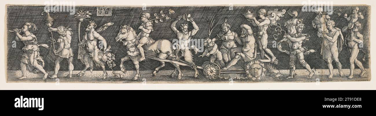 Trionfo di Bacco, 1534, Maestro V. G., tedesco, immagine, foglio: 2 x 5/8 poll. (5,08 x 24,45 cm), incisione, Germania, XVI secolo, Bacco cavalca il carro, ma sembra più appeso che trionfante. Il suo gesto suggerisce che potrebbe non apprezzare la musica fatta dal satiro che suona il piatto. A parte le tre stampe che portano il suo monogramma, non si sa quasi nulla dell'abile incisore che raffigurò questa parata in miniatura Foto Stock