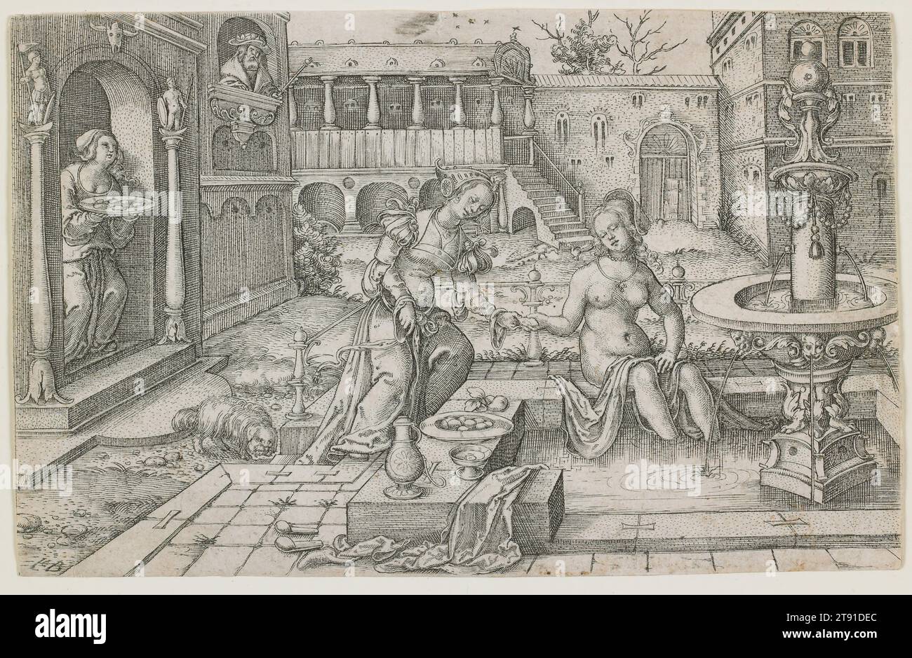 Bathsheba, XVI secolo, Jacob Binck, tedesco, circa 1500-1569, 4 x 1/4 poll. (10,16 x 15,88 cm) (immagine), incisione, Germania, XVI secolo, Bathsheba stava facendo il bagno un giorno caldo quando re Davide l'ha vista dal suo balcone. Impotente contro la sua bellezza, si inchinò alla tentazione e "giaceva con lei" (2 Samuele 11:4). Fu incolpata per non aver rifiutato Davide e per aver liberato i poteri del peccato: Betsabea rimase incinta, Davide fece uccidere suo marito e il bambino morì come punizione di Dio. Qui le piccole e scure aperture nell'architettura assomigliano a così tanti occhi incantati Foto Stock