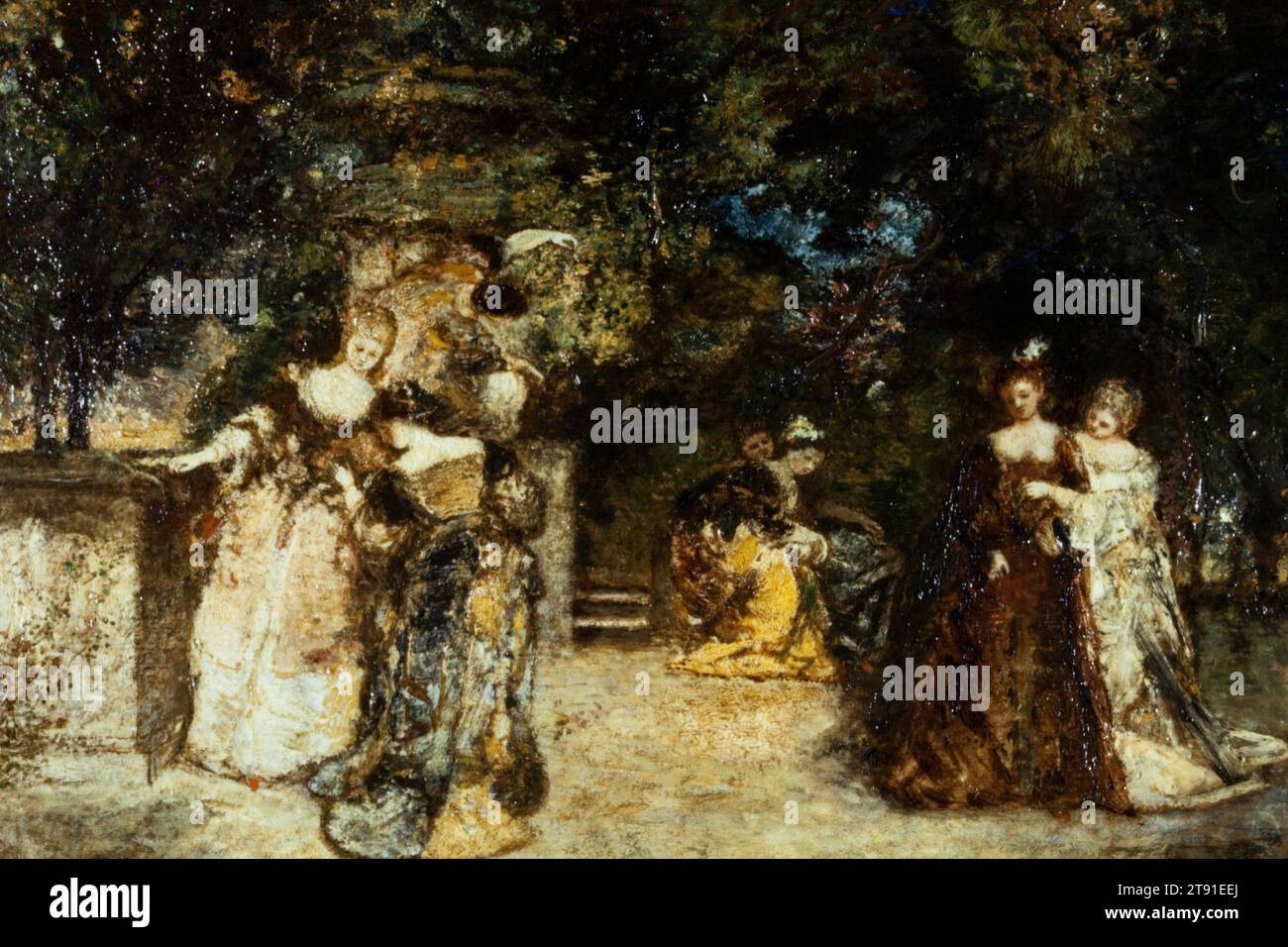 Garden Party, c. 1868, Adolphe Monticelli, francese, 1824 - 1886, 1/4 x 26 poll. (48,9 x 66,04 cm) (pannello)15/16 x 25 3/16" (45,56 x 63,98 cm) (vista), olio su pannello, Francia, XIX secolo Foto Stock