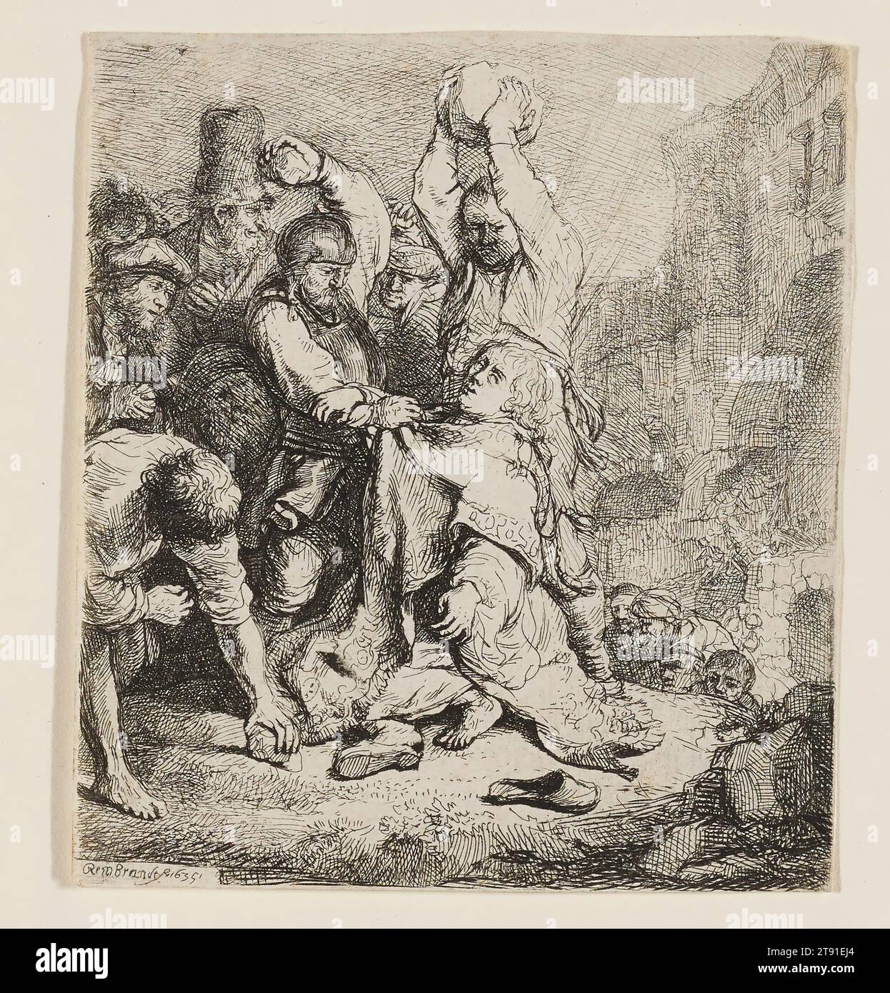 La lapidazione di St. Stephen, 1635, Rembrandt Harmensz. Van Rijn, olandese, 1606–1669, 3 3/4 x 3 3/8 poll. (9,5 x 8,5 cm) (foglio), Etching, Paesi Bassi, XVII secolo, Rembrandt scelse il martirio di Santo Stefano come soggetto del suo primo dipinto, completato nel 1625 all'età di 19 anni. Circa dieci anni dopo, riprende il tema in questo drammatico ritratto inciso dell'omicidio del santo per lapidazione. Secondo gli atti degli Apostoli della Bibbia, Stefano era un discepolo di Gesù e diacono nella chiesa paleocristiana a cui era stato assegnato il compito di distribuire cibo e carità alle vedove e ai bisognosi Foto Stock