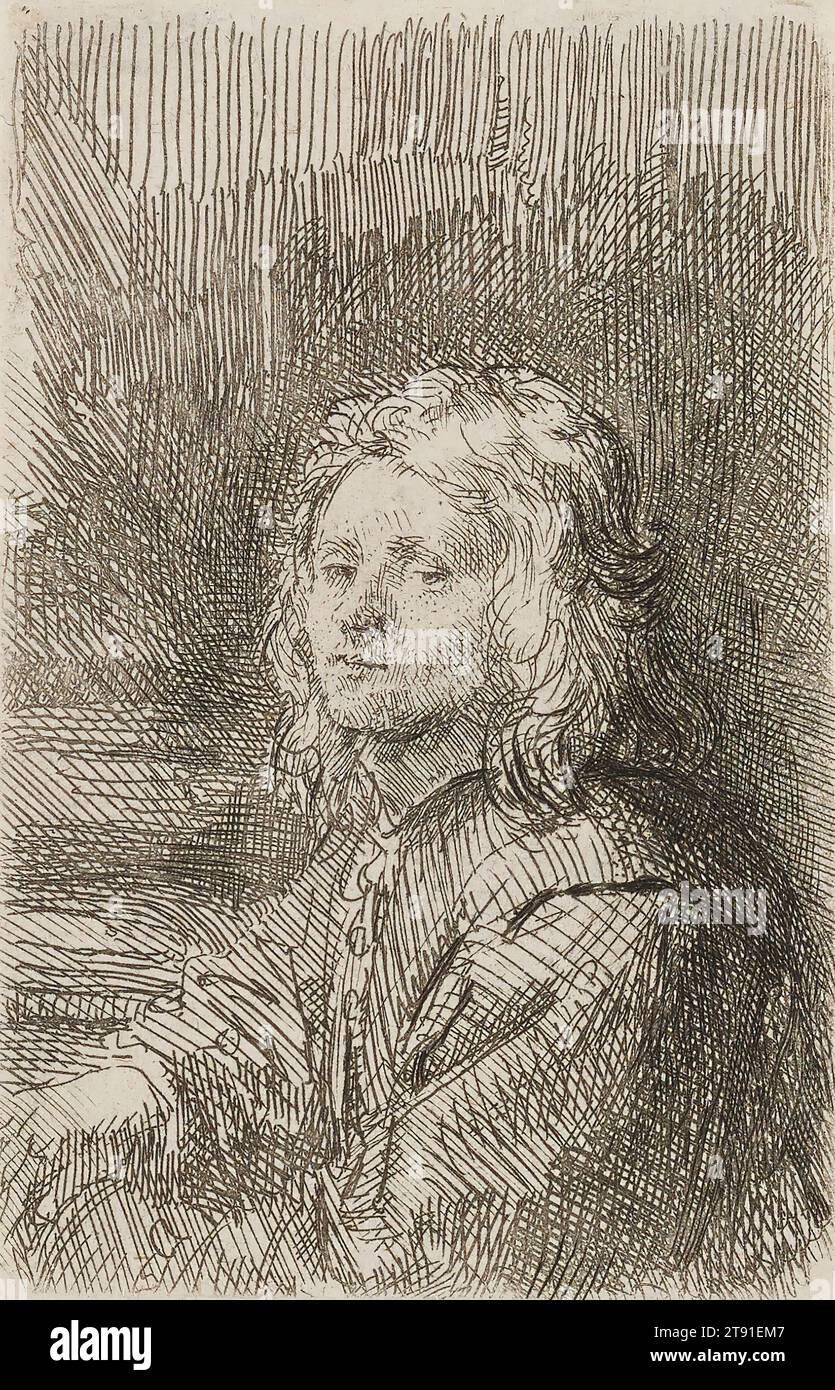 Giovane seduto di fronte a sinistra, XVII secolo, Constantijn van Renesse; artista: Precedentemente attribuito a Rembrandt Harmensz. Van Rijn, olandese, 1606–1669, 3 7/8 x 2 1/2 poll. (9,9 x 6,3 cm) (foglio), Etching, Paesi Bassi, XVII secolo Foto Stock