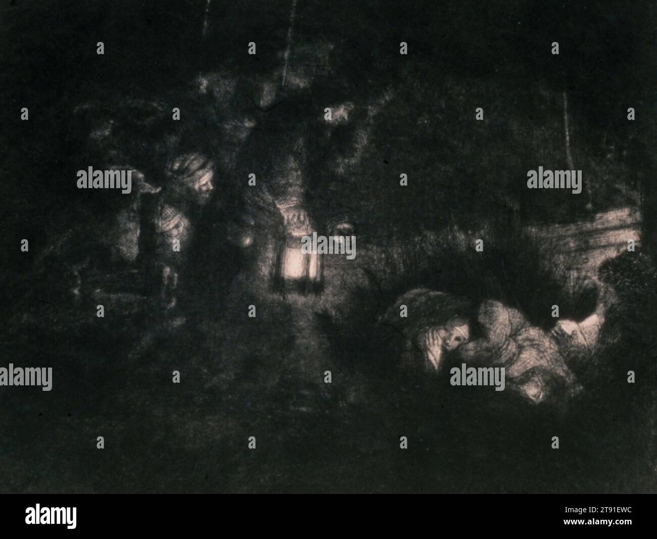 The Adoration of the Shepherds, c. 1656-1657, Rembrandt Harmensz. Van Rijn, olandese, 1606–1669, 5 7/8 x 7 11/16 poll. (14,92 x 19,53 cm) (piastra), incisione, punto a secco e incisione, Paesi Bassi, XVII secolo, qui Rembrandt si sfidò a suggerire la forma semplicemente attraverso il modo in cui disperse luce e buio. Opere come questa e il riposo notturno sul volo appartengono alla sua cosiddetta maniera oscura. Come per qualche miracolo di incisione, i volti di Maria e del bambino Gesù sono visibili attraverso il velo spesso delle tenebre, illuminato solo dalla lanterna del pastore e da una luce che risplende dalla Bibbia di Giuseppe Foto Stock