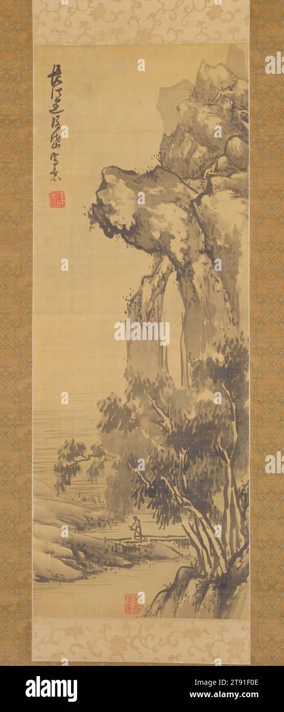 Pure Sound of the Rivers and Mountains, XVIII secolo, Takebe Ryōtai, Japanese, 1719 - 1774, 31 13/16 x 1/8 poll. (80,8 x 30,8 cm) (immagine), rotolo sospeso; inchiostro su seta, Giappone, XVIII secolo, Takebe Ryo tai era un contemporaneo dei più famosi artisti nanga del Giappone, Ike Taiga e Yosa Buson, ma non ci sono prove che Ryo tai conoscesse nessuno di loro. L'interesse di ryo tai per la pittura in stile cinese iniziò quando era monaco Zen al tempio to fukuji a Kyoto. Alla fine abbandonò la vita monastica per dedicarsi alla pittura e alla poesia, e cercò famosi maestri come Sakaki Hyakusen Foto Stock