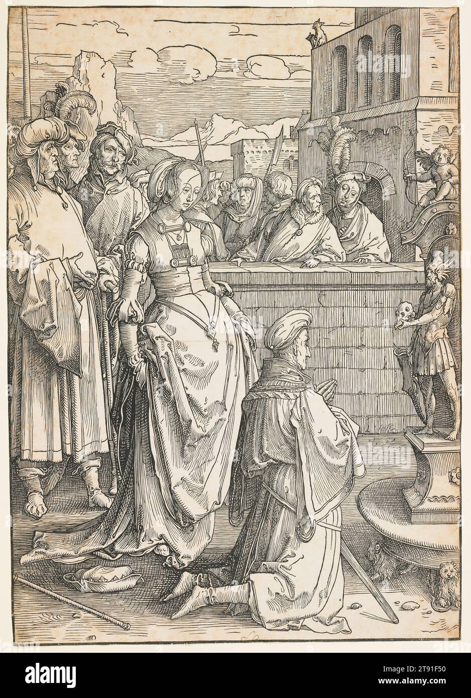 Solomon's idolatry, c. 1512, Lucas Huygensz van Leyden, Dutch, c. 1490 - 1533, 16 3/8 x 11 9/16 pollici (41,59 x 29,37 cm) (immagine), Woodcut, Paesi Bassi, XVI secolo, il tono moralizzante di questa stampa è chiaro dall'uomo a sinistra, che istruisce un dandy mustachiato su come una donna possa trasformare anche il saggio Salomone in uno sciocco. Legato al tema del potere delle donne è la follia di preoccuparsi troppo profondamente delle qualità temporali come la forza e la saggezza, e l'idolo qui riflette questa idea. Il costume militare suggerisce la vanità del potere; il cranio simboleggia la transitorietà degli inseguimenti terrestri. Foto Stock