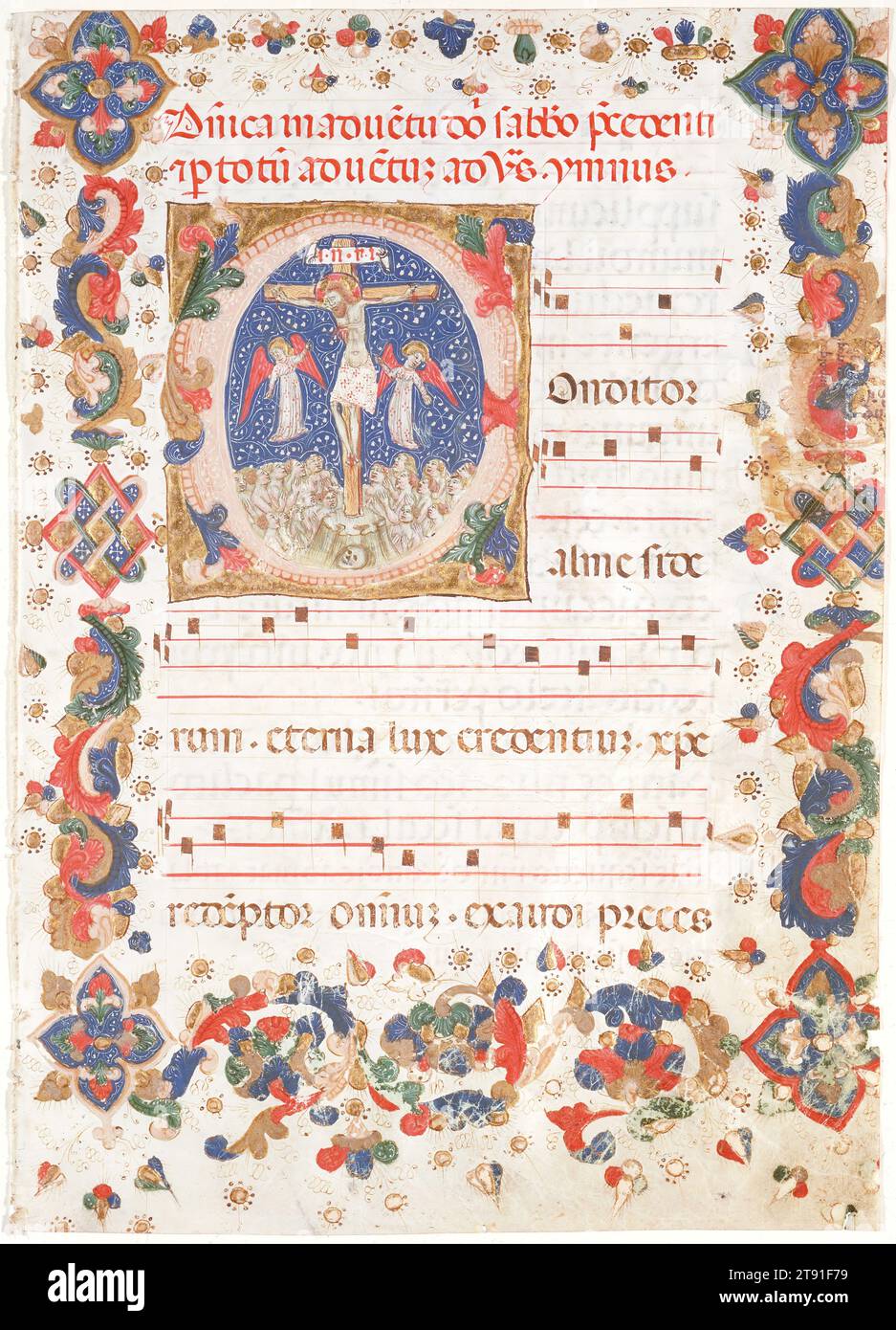 Crocifissione con una folla di supplicanti, c. 1425-1464, attribuita a Bertolino de' grossi, 13 1/16 x 9 3/8 pollici. (33,18 x 23,81 cm) (foglio), inchiostro marrone e rosso, guazzo e doratura, e punto di riferimento sulla pergamena, Italia, XV secolo, come si dice nel titolo, questo inno è stato cantato durante il servizio dei vespri (intorno alle 16:30) che si tiene la domenica dell'Avvento, periodo di preparazione spirituale osservato nelle quattro settimane precedenti il Natale. La musica che accompagna il testo è scritta nel sistema gregoriano e quindi in generale è usata per la musica corale liturgica, usando notazioni a forma di scatola Foto Stock