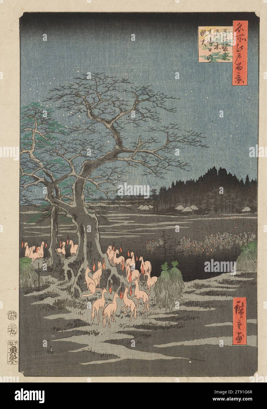 Foxfire di Capodanno al Change Tree, Ōji, 1857, nono mese, Utagawa Hiroshige; editore: Sakanaya Eikichi, giapponese, 1797 - 1858, 13 3/8 x 8 11/16 pollici (34 x 22 cm) (immagine, ōban verticale), stampa in legno (nishiki-e); inchiostro e colore su carta con mica, Giappone, XIX secolo, la maggior parte delle stampe nelle cento viste di Edo di Hiroshige illustrano viste reali, ma questa scena è immaginaria. Nella credenza shintoista, le volpi sono messaggeri degli dei e protettori dei santuari dedicati a Inari, il dio del grano. Il santuario di Ōji, in quella che è ora la sezione settentrionale di Tokyo, è uno dei più importanti Inari Foto Stock
