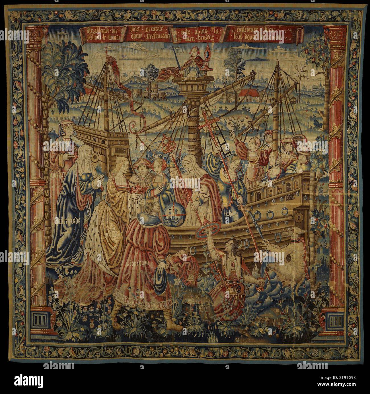 The Ship of Virtues, c. 1528–40, H.156,25 x W.156 poll., lana, seta; tessitura arazzi, Paesi Bassi, nel XVI secolo, Un equipaggio di sei donne e quattro uomini non era il tuo tipico equipaggio navale nei primi anni '1500 Ma la nave che vedete qui non è una nave ordinaria: È una metafora della vita. Guidarla in modo sicuro a riva e allontanare i demoni in agguato nell'acqua sono personificazioni di virtù: Speranza, misericordia, perseveranza, conforto divino, cuore leale, fede, Carità, pazienza, buona volontà e Prudence. Questi virtuosi compagni di nave sono presentati qui come le qualità essenziali di cui una persona ha bisogno per navigare nelle acque dure Foto Stock