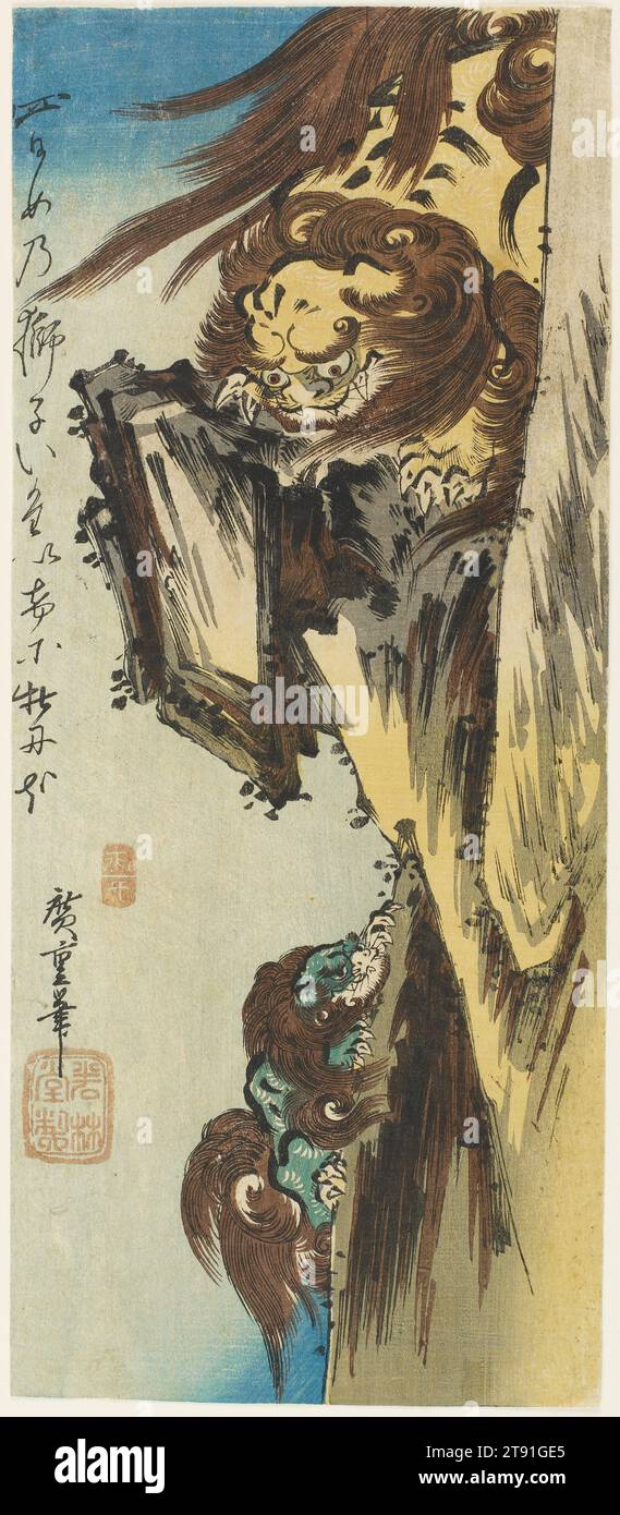 Lion Training Cub, c. 1835-1839, Utagawa Hiroshige; Editore: Wakasaya Yoichi, giapponese, 1797 - 1858, 14 3/4 x 6 1/4 poll. (37,5 x 15,8 cm) (immagine, ōtanzaku), stampa in legno (nishiki-e); inchiostro e colore su carta, Giappone, XVIII-XIX secolo, anche se i leoni non sono nativi della Cina, i giapponesi li hanno a lungo definiti karajishi, o leoni cinesi, perché le prime immagini di leoni viste in Giappone provenivano dalla Cina nel IX secolo. Il soggetto di questa stampa allude a un noto proverbio cinese su una leonessa che prova la forza e la resistenza dei suoi cuccioli spingendoli da una scogliera. Foto Stock