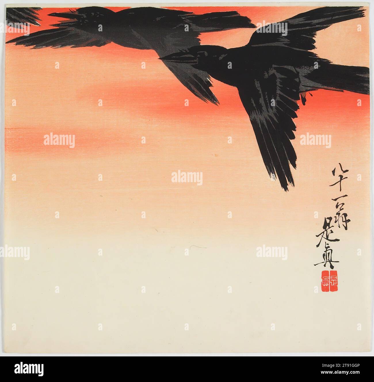 Crows Flying at Sunset, c. 1888, Shibata Zeshin, giapponese, 1807 - 1891, 1/2 x 15/16 poll. (24,13 x 25,24 cm) (foglio), stampa in legno; inchiostro e colore su carta, Giappone, XIX secolo, come indica la firma dell'artista in basso a destra, Zeshin progettò questa stampa quando aveva ottantuno anni. Dopo aver iniziato la sua carriera artistica come apprendista in un atelier di lacca all'età di undici anni, Zeshin ebbe una lunga e produttiva carriera fino alla sua morte all'età di 86 anni. Questa stampa rivela che il senso artistico di Zeshin è rimasto vitale anche nei suoi ultimi anni Foto Stock