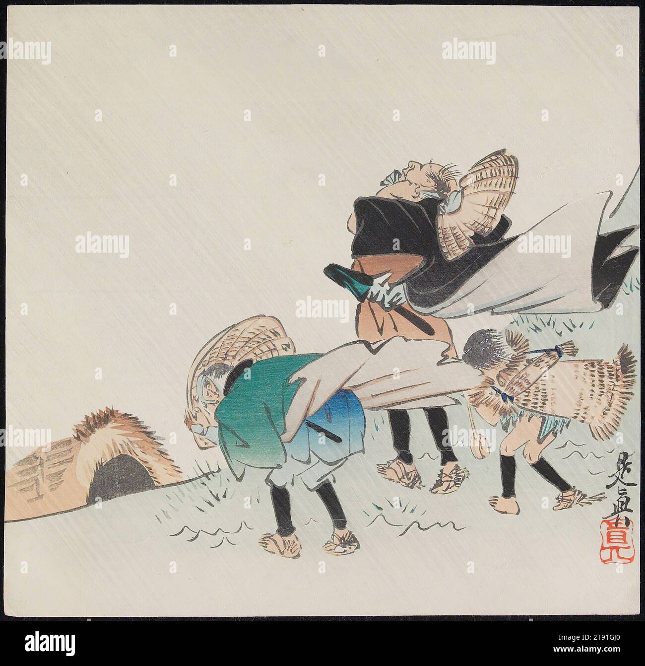 Travelers in a Storm, 19th Century, Shibata Zeshin, giapponese, 1807 - 1891, 3/8 x 3/4 poll. (23,81 x 24,77 cm) (foglio), stampa in legno; inchiostro e colore su carta, Giappone, XIX secolo, Una forte raffica di buffet tre viaggiatori, costringendoli a piegarsi in questo modo e così. Le linee diagonali grigie suggeriscono che anche la pioggia sta cadendo su questi sfortunati viaggiatori. Si stanno affrettando a raggiungere una fattoria il cui tetto di paglia può essere visto sulla collina che li precede. Zeshin osservò attentamente le posture e il movimento dei corpi umani e creò questa composizione comica ma realistica Foto Stock