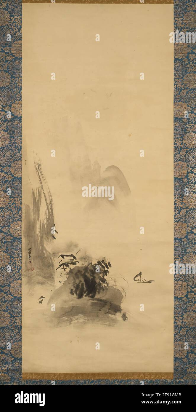 Paesaggio, da un trittico di Kannon con paesaggio e tigre, XVII secolo, Kano Tan'yū, giapponese, 1602 - 1674, 48 1/16 x 3/4 poll. (122,08 x 50,17 cm) (immagine)85 15/16 x 25 15/16" (218,28 x 65,88 cm) (totale, senza rullo), inchiostro su carta, Giappone, XVII secolo, Kanō Tan'yū fu uno dei più importanti artisti del periodo Edo (1600-1868). Nella sua posizione di pittore ufficiale dei governanti Tokugawa, aveva accesso alle loro grandi collezioni d'arte, tra cui dipinti a inchiostro di precedenti artisti giapponesi e esempi importati dalla Cina. Fiancheggia un'immagine iconica di una divinità buddista Foto Stock
