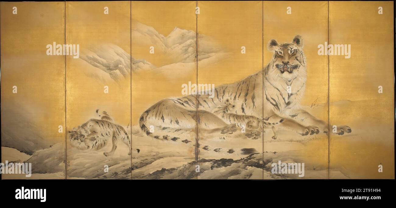 Tigers by Mountain Streams Right of a pair, c. 1892-1895, Kishi Chikudō, Japanese, 1826 - 1897, 67 1/4 x 144 1/2 poll. (170,82 x 367,03 cm), inchiostro, colore e oro su seta, Giappone, XIX secolo Foto Stock