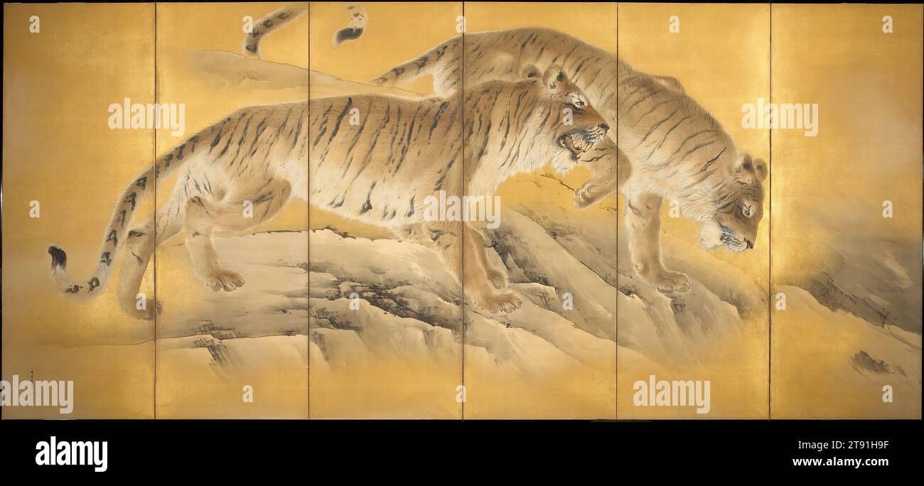 Tigers by Mountain Streams left of a pair, c. 1892-1895, Kishi Chikudō, Japanese, 1826 - 1897, 67 1/4 x 144 1/2 poll. (170,82 x 367,03 cm), inchiostro, colore e oro su seta, Giappone, XIX secolo Foto Stock