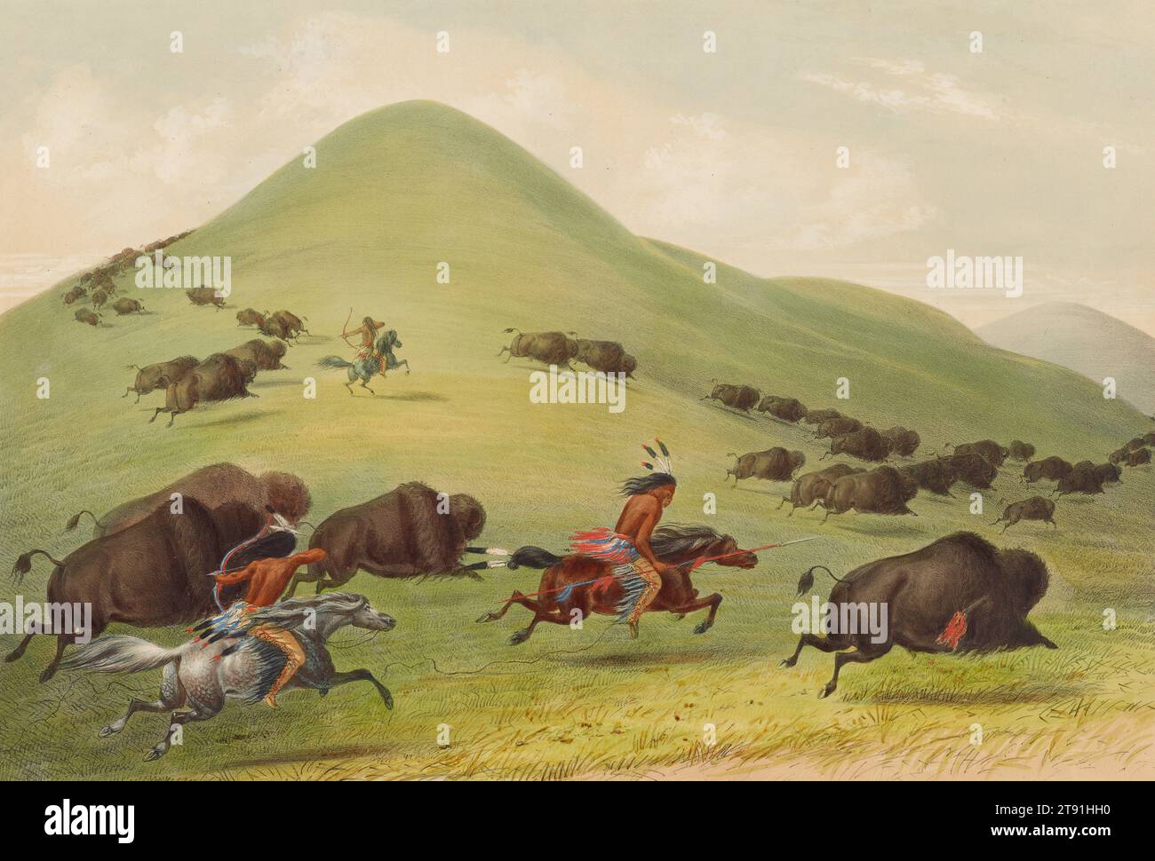 Caccia ai bufali: Chase, 1844, George Catlin, americano, 1796 - 1872, 1/8 x 3/4 poll. (30,8 x 45,09 cm) (immagine, foglio), litografia colorata a mano, Stati Uniti, XIX secolo Foto Stock