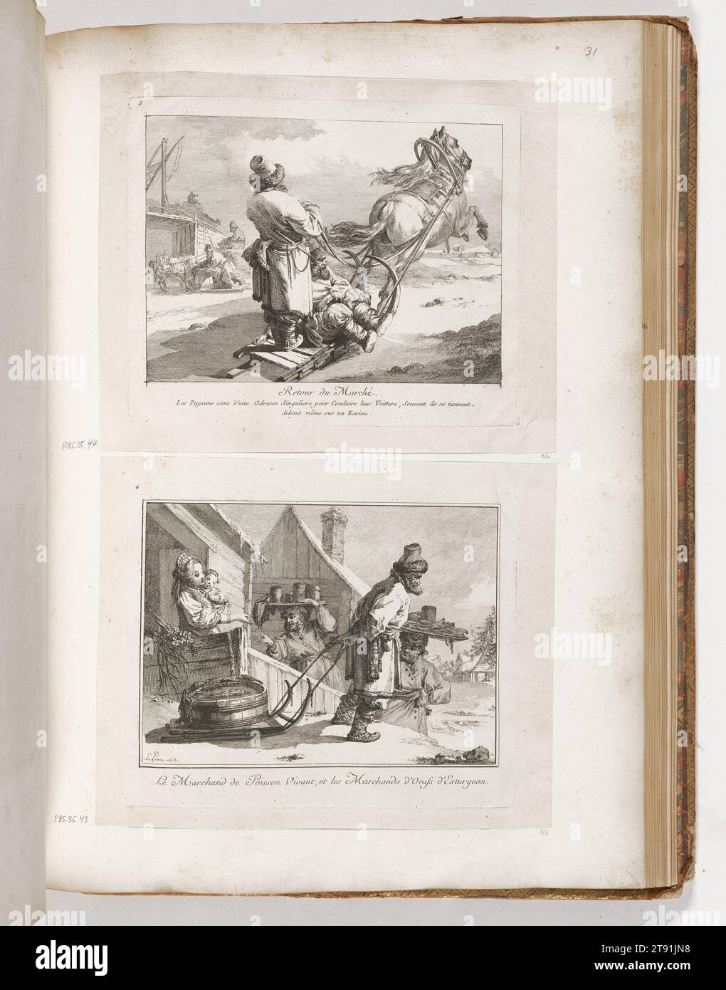 Fishmonger and Merchants Selling Sturgeon Eggs, 1765, Jean-Baptiste le Prince, French, 1734-1781, 1/2 x 13/16 pollici (16,51 x 22,38 cm) (immagine)7 7/8 x 5/8 pollici (20 x 24,45 cm) (piastra)9 x 1/4" (22,86 x 28,58 cm) (foglio), Etching, Francia, XVIII secolo Foto Stock