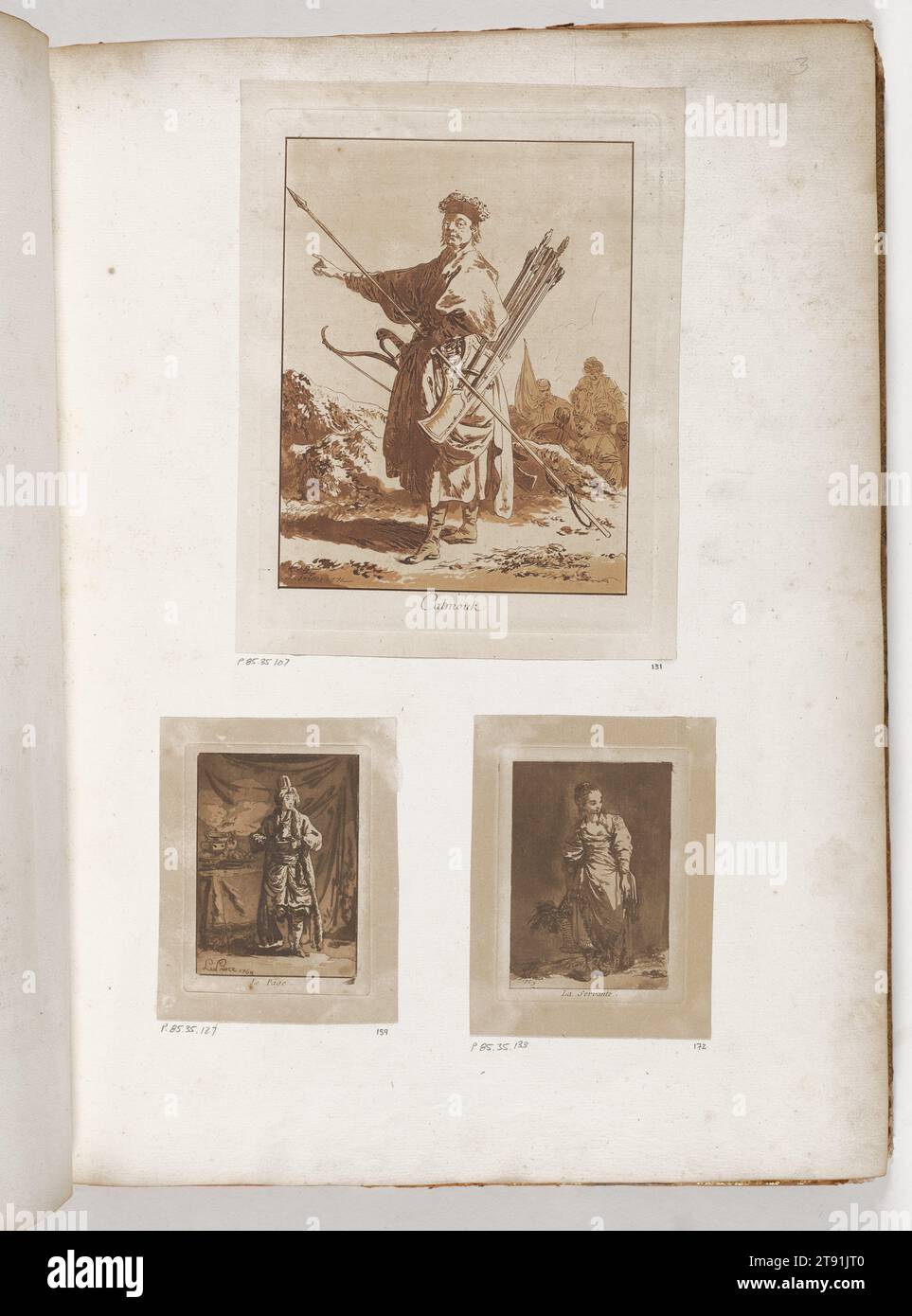 A Kalmyk Warrior, 1771, Jean-Baptiste le Prince, French, 1734-1781, 1/4 x 7/16 poll. (20,96 x 16,35 cm) (immagine)9 1/2 x 7 1/8" (24,13 x 18,1 cm) (piastra)10 1/2 x 1/16" (26,67 x 20,48 cm) (foglio), incisione e acquatinta in inchiostro seppia, Francia, XVIII secolo Foto Stock