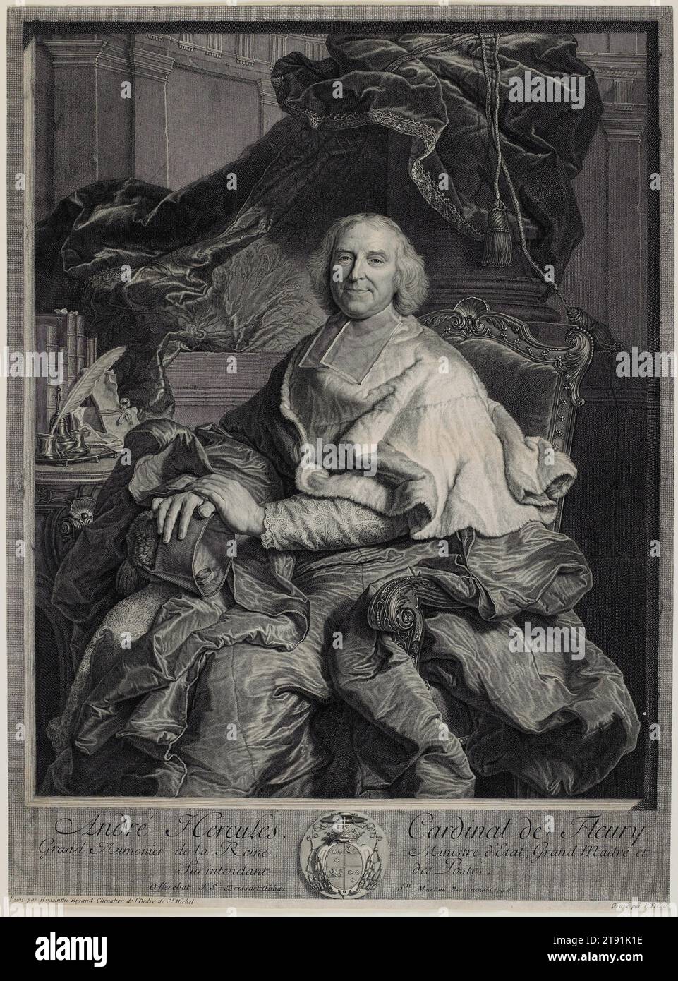 Ritratto del cardinale André Hercule de Fleury, 1730, Pierre Drevet; artista: Dopo Hyacinthe Rigaud, francese, 1663-1738, 20 x 14 5/8" (50,8 x 37,15 cm) (immagine, foglio), incisione e incisione, Francia, XVIII secolo Foto Stock