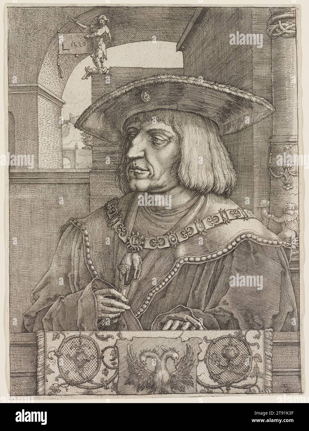 Imperatore Massimiliano i, 1520, Lucas Huygensz van Leyden, olandese, c. 1490 - 1533, 10 1/4 x 7 5/8 pollici (26,04 x 19,37 cm) (immagine, tagliata all'interno del platemark), incisione e incisione, Paesi Bassi, XVI secolo, Lucas van Leyden creò questo ritratto per commemorare la morte dell'imperatore Massimiliano nel 1519. Per avere questa stampa sul mercato attraverso il Sacro Romano Impero mentre la notizia della morte dell'imperatore era ancora fresca, l'artista ha usato il metodo più conveniente di incidere per lo sfondo, il costume, e le mani, ma riservavano la tecnica più raffinata dell'incisione per rendere un'accurata somiglianza del volto di Massimiliano Foto Stock