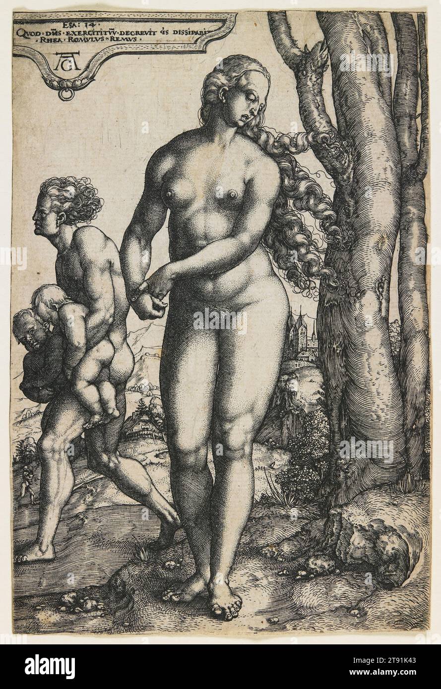 Rhea Sylvia (Romulus e Remus), c. 1530, Heinrich Aldegrever, tedesco, 1502–dopo il 1555/61, 13/16 x 7/8 poll. (14,76 x 9,84 cm) (immagine), incisione, Germania, XVI secolo, nella mitologia romana Rhea Sylvia era la madre di Romolo e Remo, i leggendari fondatori di Roma. Era stata una delle Vestali, a cui era richiesto di preservare la loro castità. Quando rimase incinta (disse il dio Marte), suo fratello malvagio Amulio la fece seppellire viva, la punizione data alle Vestali che violavano il loro obbligo. I suoi gemelli sono stati gettati nel fiume Tevere, ma sono stati salvati Foto Stock