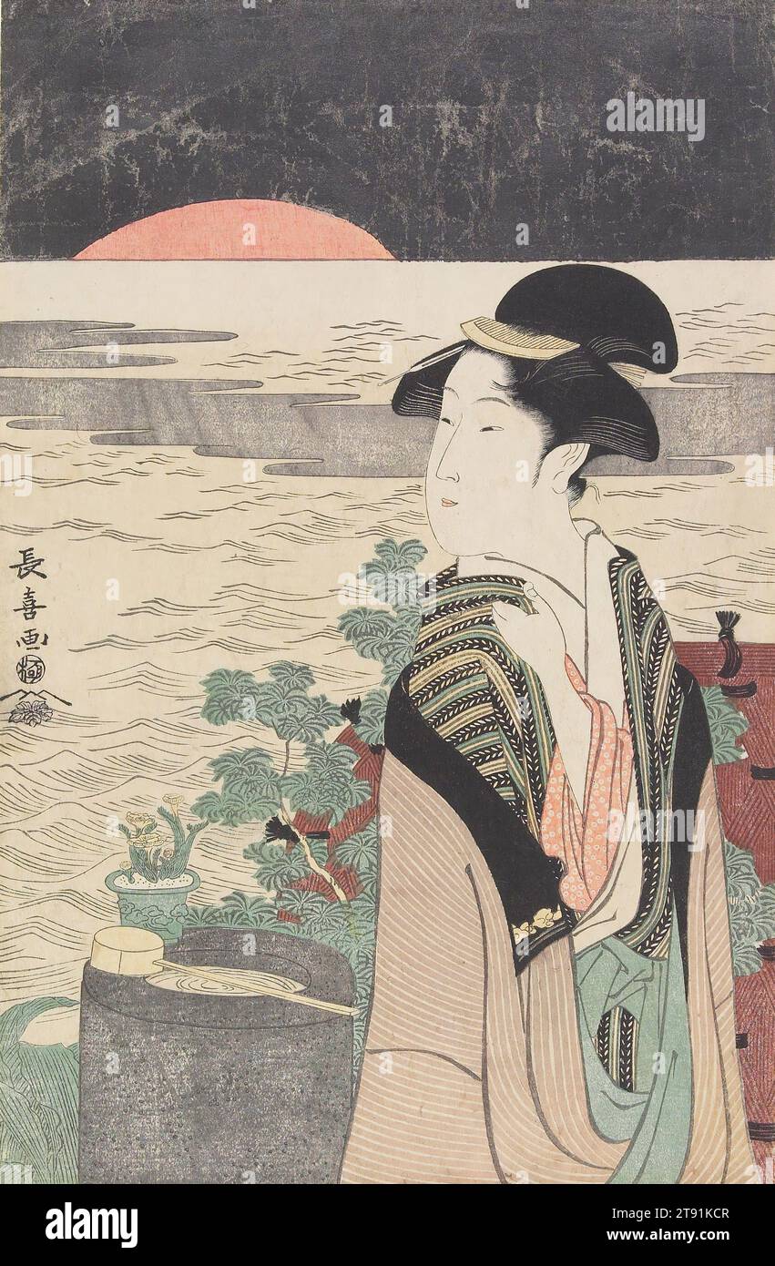 A Beauty Looking at the First Sunrise, fine anni '1790, Chōki; Editore: Tsutaya Jūzaburō, giapponese, fil. fine xviii-inizio xix secolo, 14 7/8 x 9 11/16 pollici (37,8 x 24,6 cm) (immagine, foglio, verticale ōban), stampa in legno (nishiki-e); inchiostro e colore su carta con mica, Giappone, XVIII secolo, insieme a illustrazioni di libri e alcune stampe di attori, Chōki disegnò molte stampe di donne, tra cui alcuni impressionanti ritratti a mezza lunghezza. Questa composizione, una delle sue produzioni più compiute, proviene da una serie di quattro pannelli di belle donne, comunemente nota come Shiki no bijin (bellezze in quattro stagioni). Foto Stock