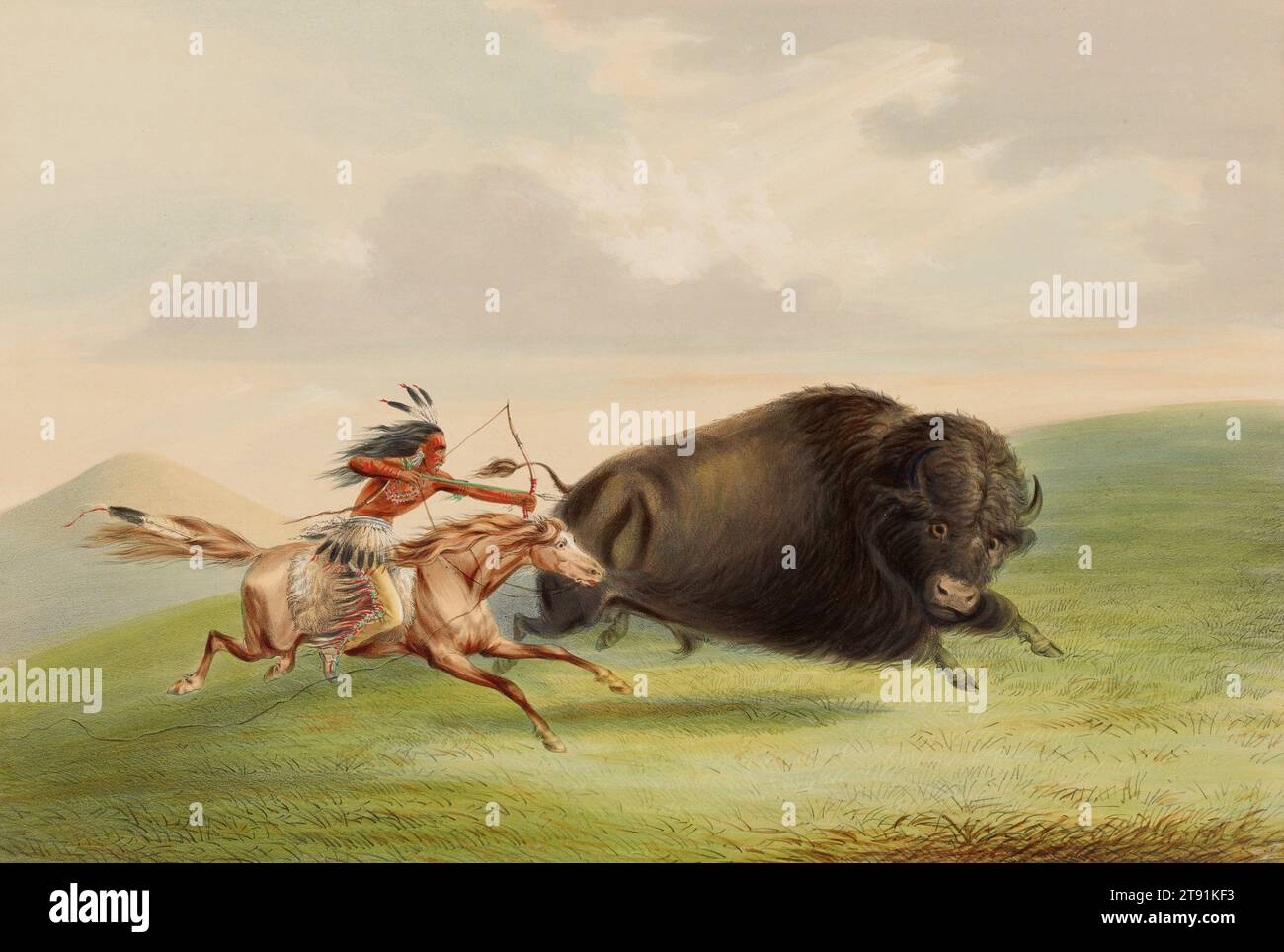 Buffalo Hunt, Chase, 1844, George Catlin, americano, 1796 - 1872, 5/8 x 7/8 pollici (29,53 x 45,4 cm) (immagine, foglio), litografia colorata a mano, Stati Uniti, XIX secolo Foto Stock