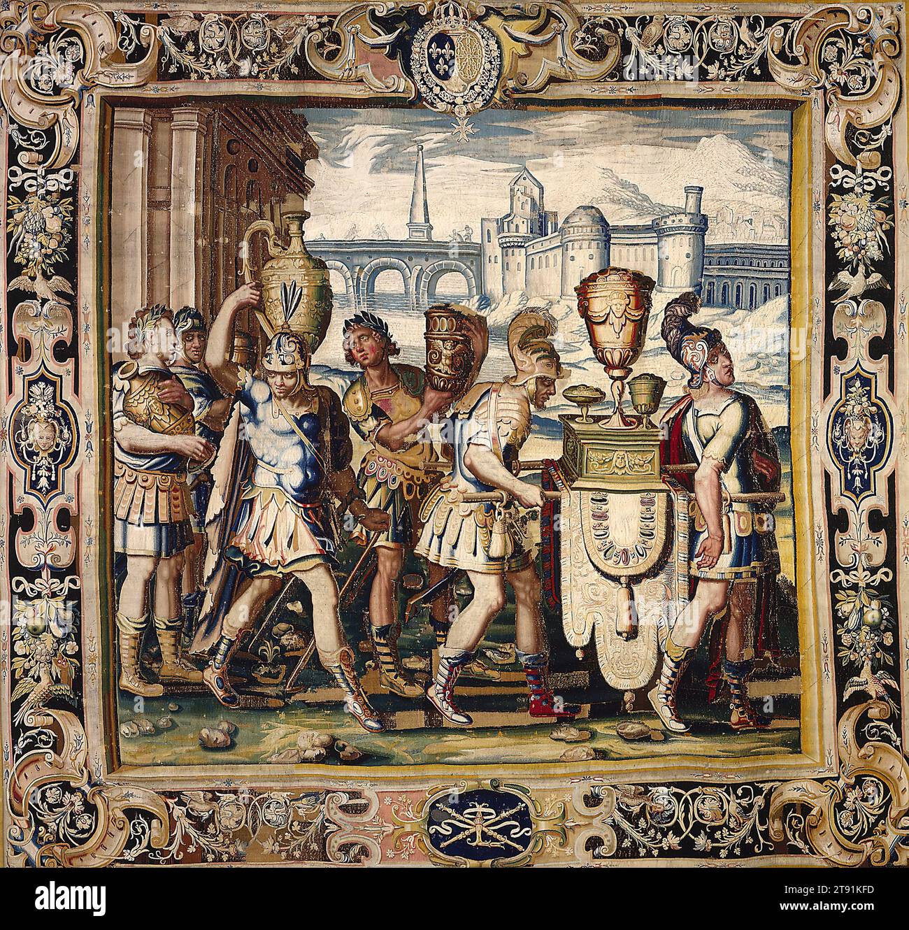 Soldiers with Vases and a Litter, disegnato 1600–1606 (tessuta 1611–1627), disegno centrale attribuito a Henry Lerambert; Cartoonist: Cartone animato centrale attribuito a Laurent Guyot; Designer: Border design and cartoon probably by Guillaume Dumée and Laurent Guyot; Weaver: tessuta nella manifattura Faubourg Saint-Marcel di Marc de Comans e Francois de la Planche, francese, 1756–1806, 159 x 169 1/2 poll. (403,86 x 430,53 cm), lana, seta; arazzi, Francia, nel XVII secolo, questo arazzo raffigura una processione trionfale di soldati vittoriosi che trasportano il bottino di guerra. L'arazzo è uno dei set Foto Stock