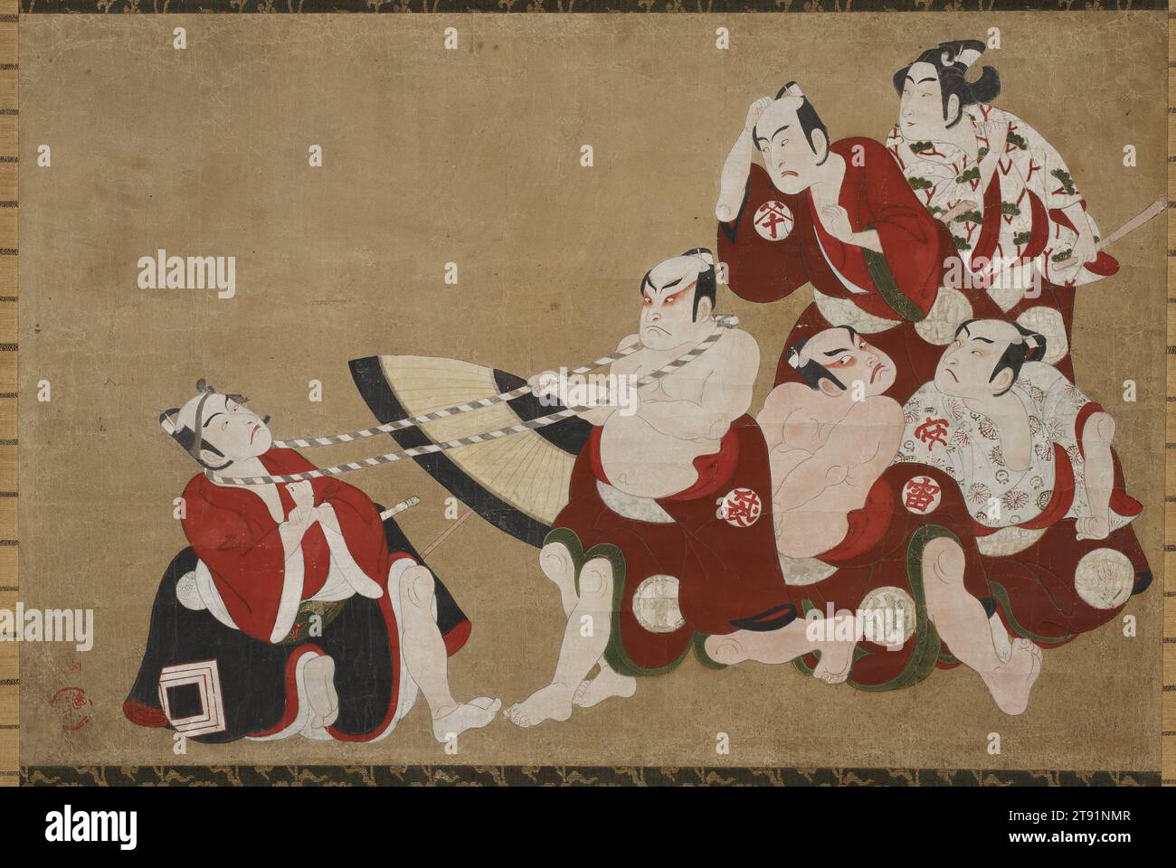 L'attore Ichikawa Danjūrō IV interpreta Sukeroku giocando un gioco di kubiki (tiro al collo) con attori come cinque comuni cavallereschi, 1768, attribuiti a Bunchō, giapponese, fl. c.1765-1792, 3/16 x 1/16 poll. (36 x 56 cm) (immagine)53 15/16 x 27 3/16" (137 x 69 cm) (supporto) 75 cm W con rullo, inchiostro, colore e divertimento su carta, Giappone, Nikuhitsu ukiyo-e, relativo allo spettacolo "Ayatsuri kabuki ōgi" (maestria del fan in Kabuki) eseguito al Nakamura Theater nel settimo mese del 1768. I cinque attori a destra sono i cinque comuni cavallereschi che si sono esibiti in un atto di questa commedia: Arashi Otohachi i Foto Stock