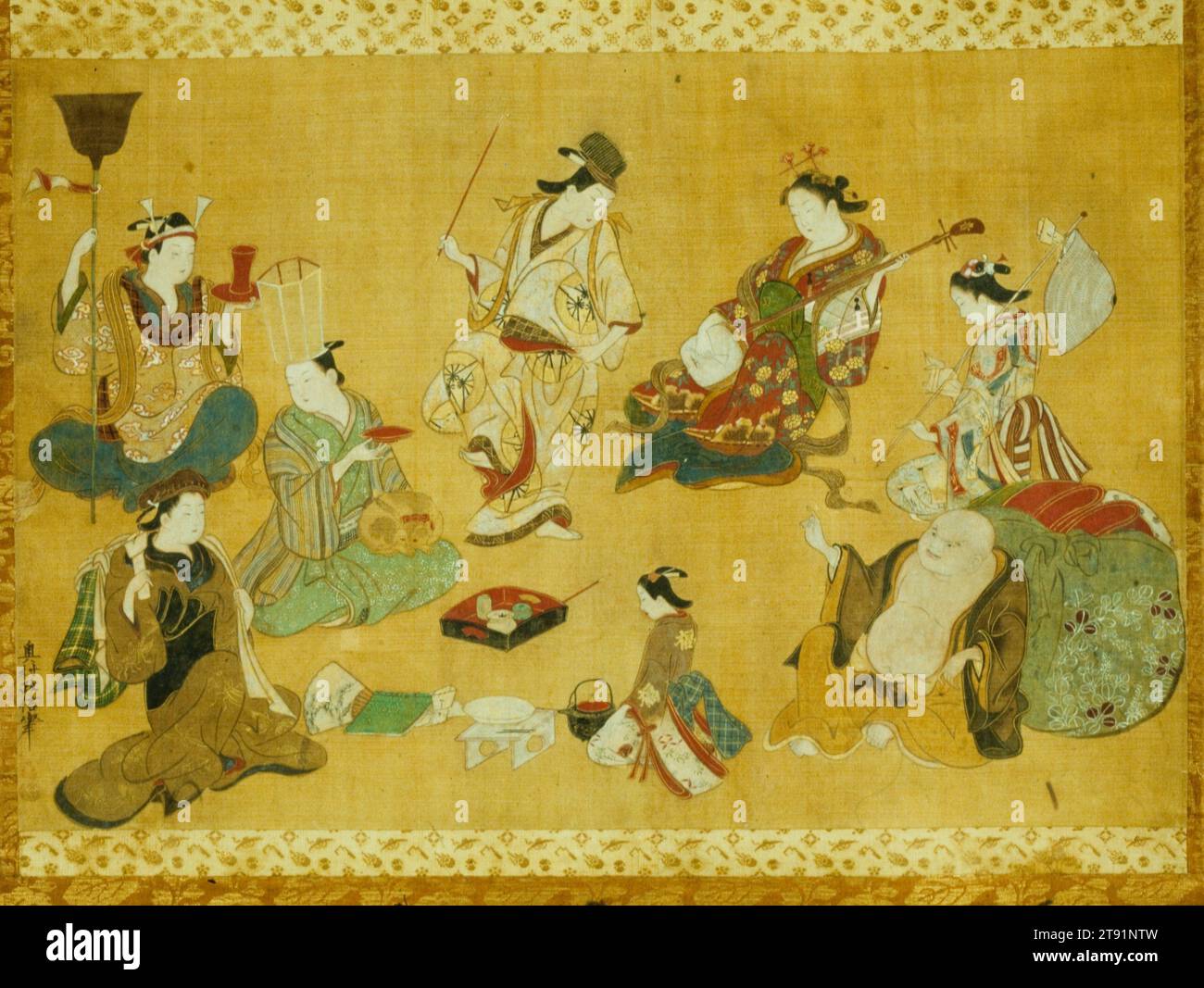 Pleasure Quarter Party nel ruolo di Mitate of Seven Gods of Good Luck, c. 1735, Okumura Masanobu, Japanese, 1686 - 1764, 3/4 x 7/8 poll. (35 x 53 cm) (immagine)48 1/16 x 1/16" (122 x 56 cm) (supporto) 59 cm W con rullo, inchiostro, colore e divertimento su seta, Giappone, Nikuhitsu ukiyo-e Foto Stock