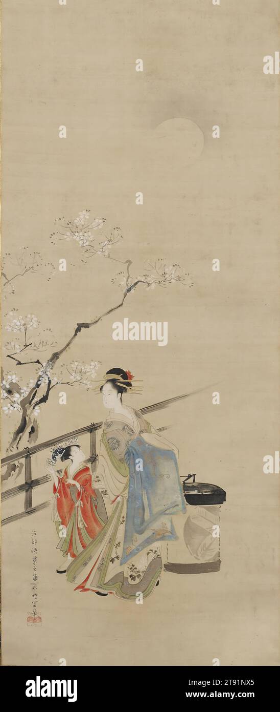 Moonlight Left of the pair Beauties in Spring, c. 1798, Hosoda Eishi, Japanese, 1756 - 1829, 31 1/2 x 3/16 poll. (80 x 33,5 cm) (immagine)64 3/16 x 5/16" (163 x 44 cm) (supporto) 49 cm W con rullo, inchiostro e colore su seta, Giappone, Nikuhitsu ukiyo-e, Eishi era un membro di una famiglia di samurai. Forse come risultato della pace prolungata sotto il dominio Tokugawa, studiò pittura sotto l'artista nominato dalla corte del shōgun, Kanō Eisen (1696-1731) e alla fine fu riconosciuto per i suoi risultati pittorici. Foto Stock