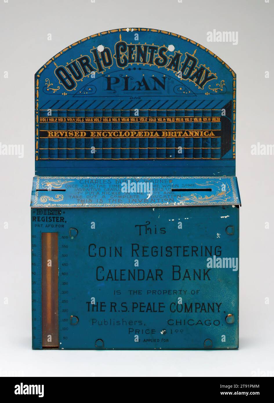 La nostra banca STILL del piano 10 centesimi di dollaro, c. 1900, 7 13/16 x 5 1/8 x 7/8 pollici (19,84 x 13,02 x 2,22 cm), stagno, pigmento, Stati Uniti, XIX-XX secolo Foto Stock