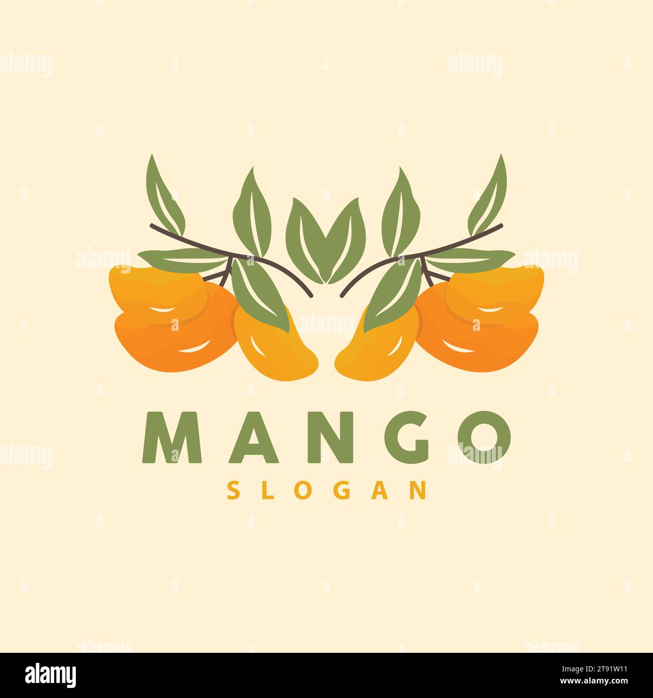 Logo Mango, design della frutta stile minimalista semplice, vettoriale di succhi di frutta, illustrazione dei simboli delle icone Illustrazione Vettoriale