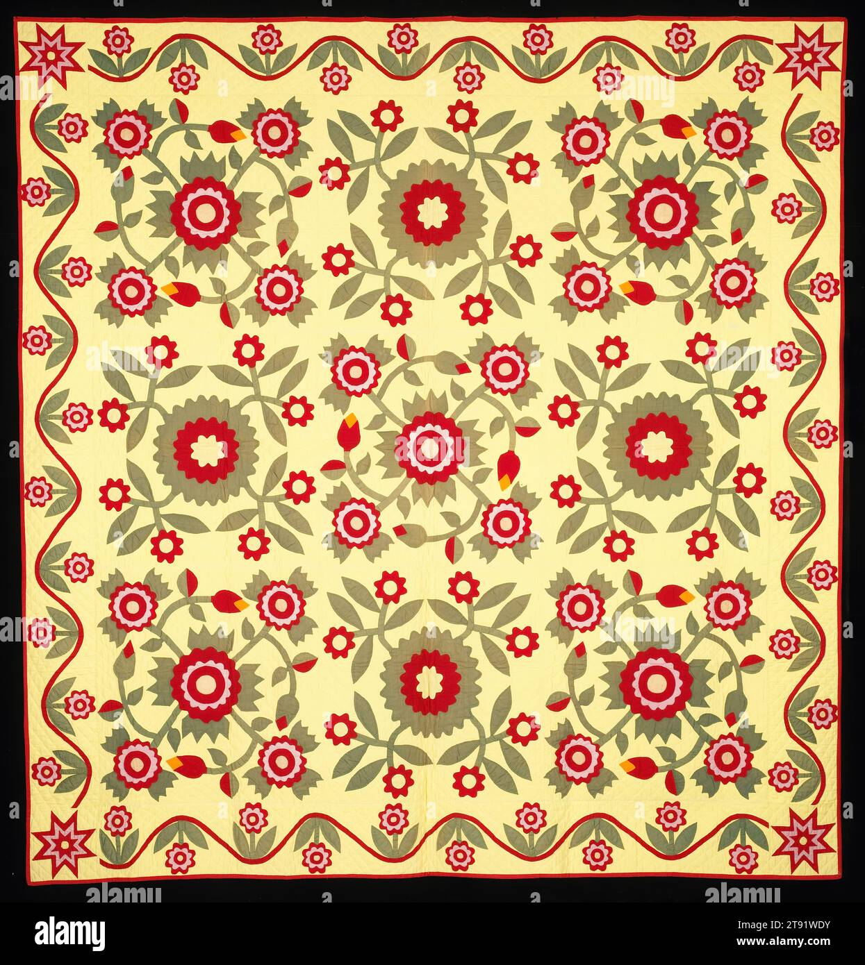 Whig Rose Variations Quilt, c. 1860, 86 1/8 x 84 1/16 poll. (218,76 x 213,52 cm), cotone; appliqué, trapuntatura, Stati Uniti, nel XIX secolo, la rosa è un motivo comune utilizzato per appliquéd e trapunte pieced, con ben trenta motivi a blocchi correlati alle rose che appaiono nelle fonti storiche di trapunte. Il modello Whig Rose era molto popolare a metà del XIX secolo, ed era originariamente chiamato la Rosa Democratica, riflettendo la sua associazione con due primi partiti politici americani, i Whig e i Democratici, ognuno dei quali rivendicava il modello come proprio Foto Stock