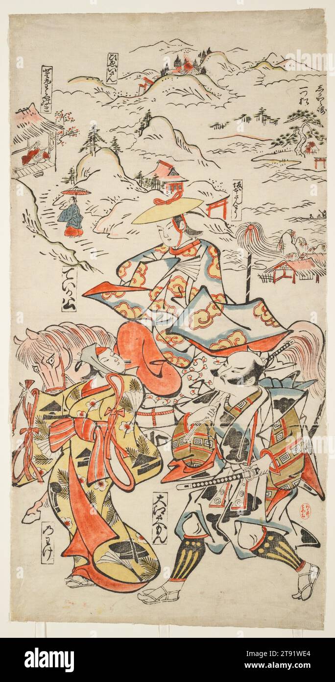 Fujiwara no Teika on Horseback accompagnato da Ōe Saemon e la donna Nowake, c. 1710, attribuita a Torii Kiyomasu, giapponese, ACT. c. 1704-1718, 1/4 x 3/4 poll. (59 x 29,9 cm) (immagine, foglio, verticale ō-ōban), stampa in legno (tan-e); inchiostro e colore limitato su carta, con colore applicato a mano, Giappone, XVIII secolo, a cavallo: Teika; attendente: OE Saemon; donna che guida cavallo: Nowake Foto Stock