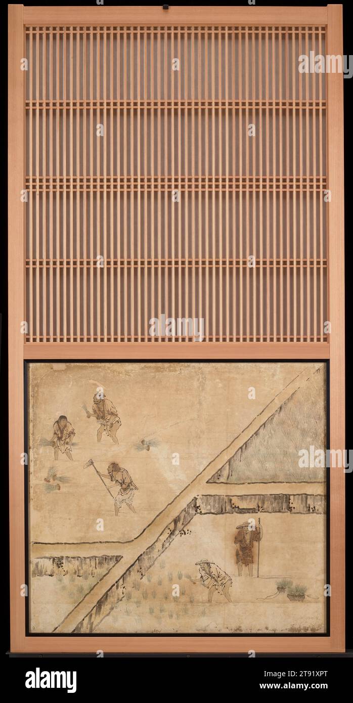 Centro di primavera a sinistra del set Rice Farming in the Four Seasons, 1620, attribuito a Kano Sanraku, giapponese, 1559 - 1635, 39 x 37 x 3 1/2 pollici. (99,06 x 93,98 x 8,89 cm), inchiostro, colore chiaro e oro su carta, Giappone, XVII secolo, questi pannelli scorrevoli fanno parte di un gruppo di sedici persone, che originariamente formavano i quattro lati di una piccola camera di ricevimento a Daikakuji, un tempio buddista nel nord-ovest di Kyoto. I dipinti mostrano il processo di coltivazione del riso in quattro stagioni. Una persona seduta nella stanza avrebbe visto la scena svolgersi da nord, a partire dall'inverno e muoversi in senso orario Foto Stock