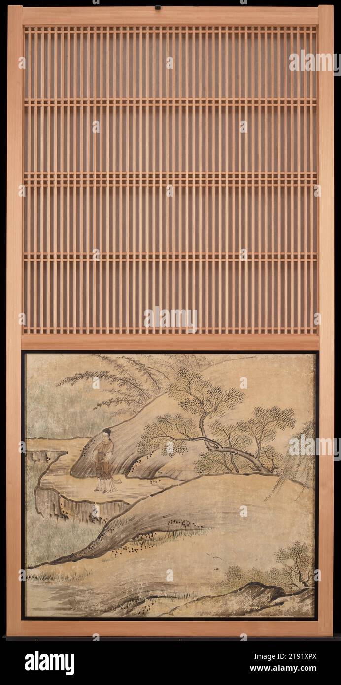 Primavera direttamente dal set Rice Farming in the Four Seasons, 1620, attribuito a Kano Sanraku, giapponese, 1559 - 1635, 39 x 37 x 3 1/2 pollici. (99,06 x 93,98 x 8,89 cm), inchiostro, colore chiaro e oro su carta, Giappone, XVII secolo, questi pannelli scorrevoli fanno parte di un gruppo di sedici persone, che originariamente formavano i quattro lati di una piccola camera di ricevimento a Daikakuji, un tempio buddista nel nord-ovest di Kyoto. I dipinti mostrano il processo di coltivazione del riso in quattro stagioni. Una persona seduta nella stanza avrebbe visto la scena svolgersi da nord, a partire dall'inverno e muoversi in senso orario. Foto Stock