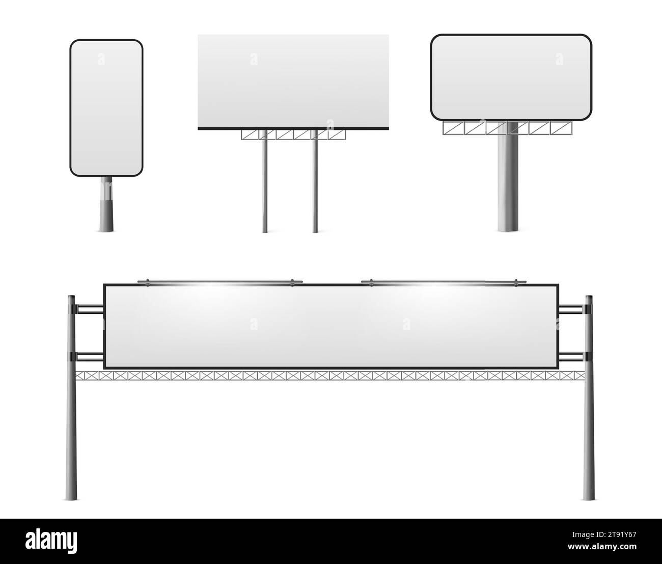 Mockup per affissioni per esterni isolati su sfondo bianco. Illustrazione vettoriale realistica di pannelli pubblicitari stradali 3d con superficie vuota e illuminazione a LED, modello di banner informativo Illustrazione Vettoriale