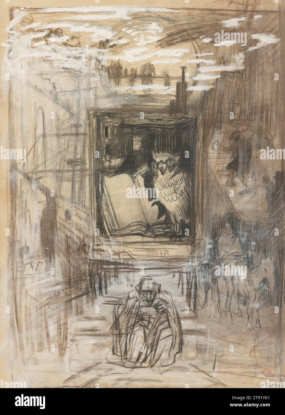 The Owl, 1883, Félix Buhot, francese, 1847-1898, 1/4 x 3/16 poll. (48,9 x 36 cm) 29 5/8 x 5/8 pollici (75,25 x 60,01 cm) (telaio esterno), gesso nero, marrone e bianco, carbone, grafite, e turpentine washes, potenziati con gouache bianche, Francia, XIX secolo, in questo schizzo frenetico, Félix Buhot ha mappato il frontespizio di un album di incisioni che ha pubblicato nel 1883. Arroccato al centro c'è Buhot stesso, nella sua solita veste di gufo (búho in spagnolo), con l'ombra del gufo girata per rivelare la propria silhouette dell'artista. Foto Stock