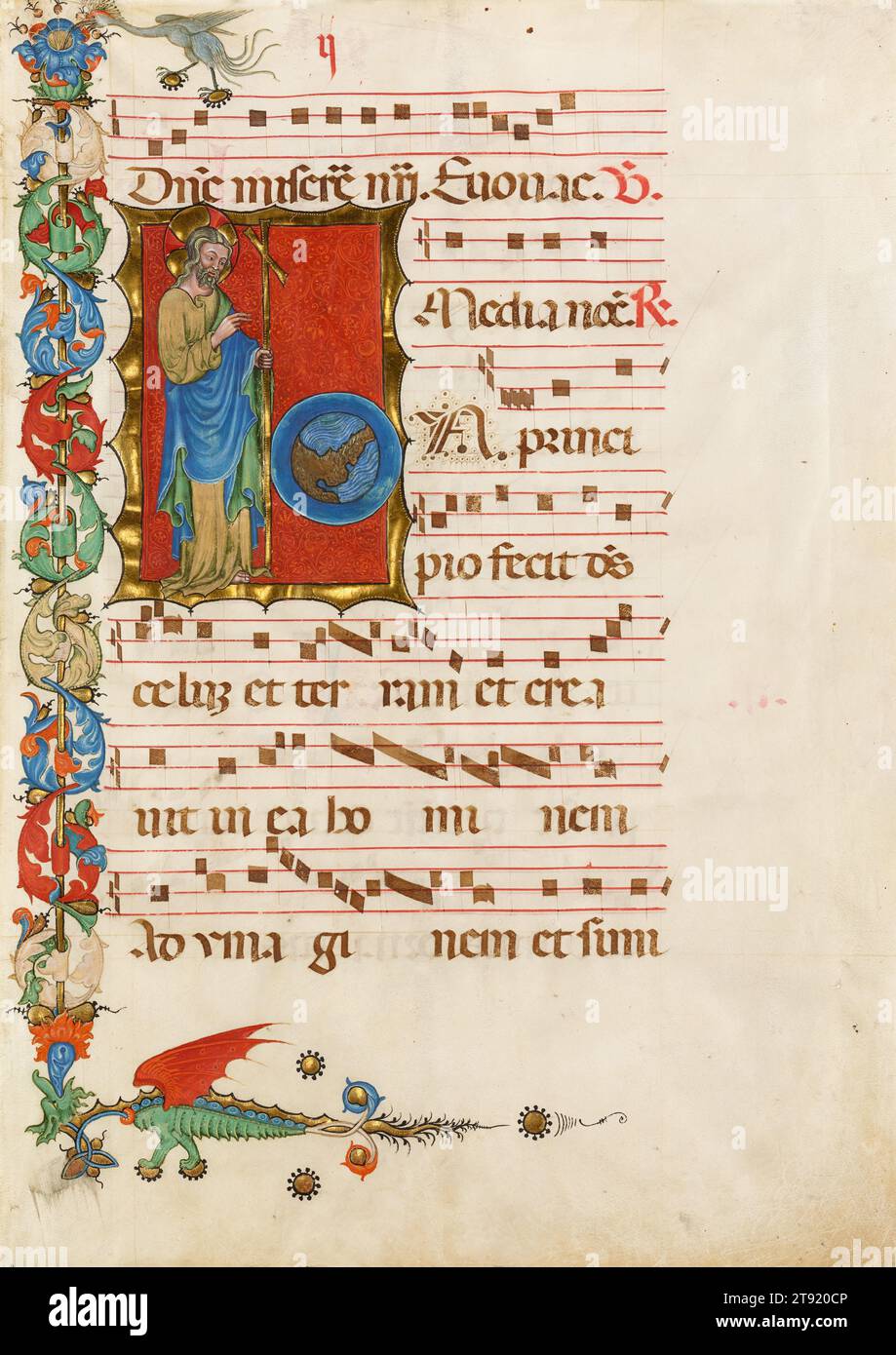 Salvator Mundi (salvatore del mondo), pagina da un antifonario illuminato, c. 1425-1450, sconosciuto italiano (Milano), XV secolo, 20 3/4 x 14 7/8 pollici. (52,71 x 37,78 cm) (foglio)29 5/8 x 23 5/8" (75,25 x 60,01 cm) (cornice esterna), inchiostro, guazzo e oro su pergamena, Italia, XV secolo, la lettera decorata 'i' mostra Cristo che indica una mappa mundi a forma di disco (mappa del mondo), una rappresentazione medievale delle terre allora conosciute, circondata dall'oceano. L'immagine è adeguata, perché questa "i" introduce la frase in principio fecit deus celum et terram, all'inizio Dio ha fatto cielo e terra Foto Stock