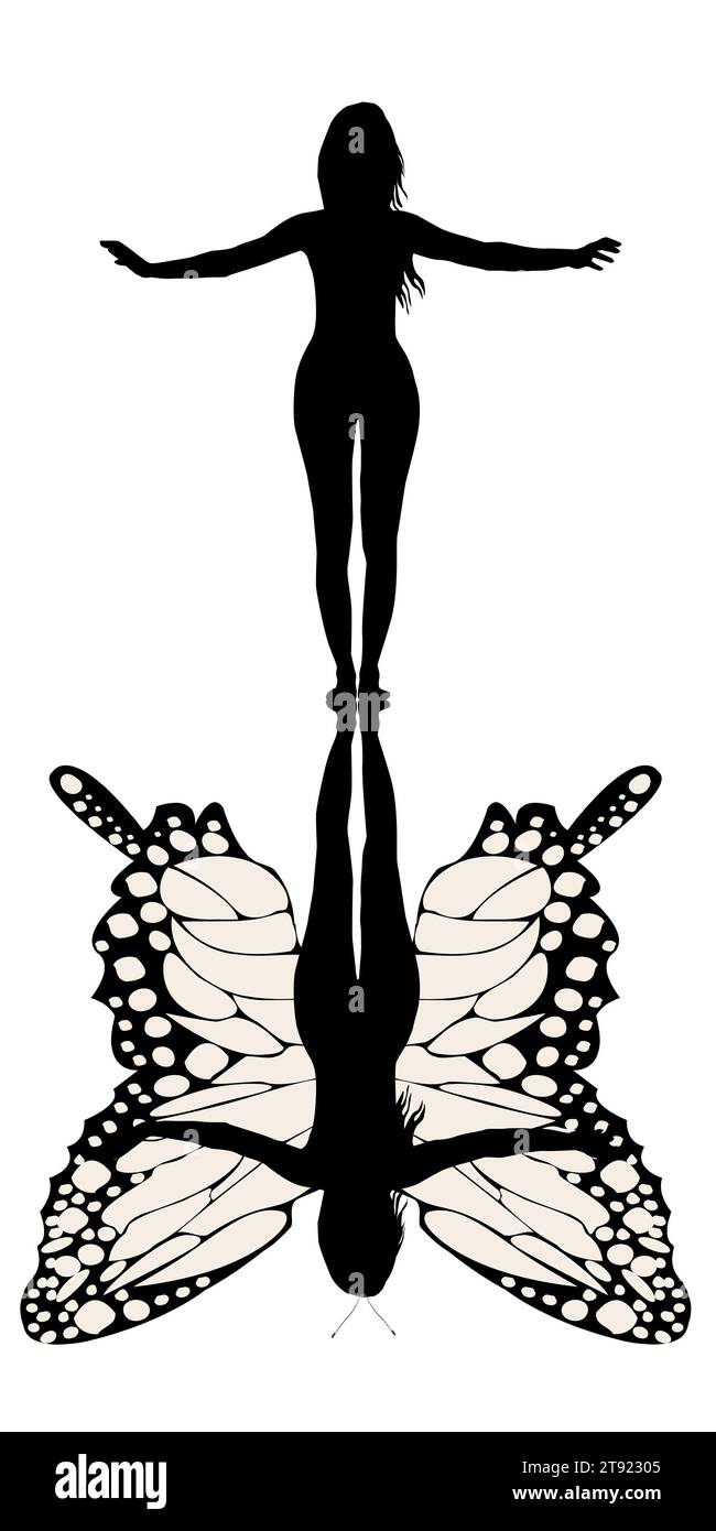Silhouette da donna con realistica ombra a farfalla Illustrazione Vettoriale
