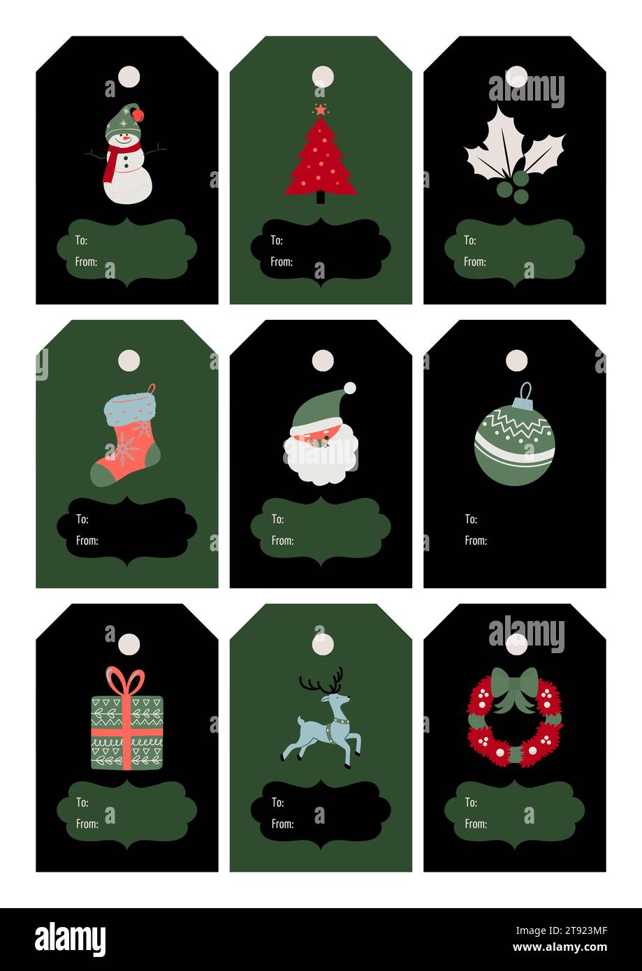 Etichette regalo di Natale illustrate in verde, nero e bianco Foto Stock