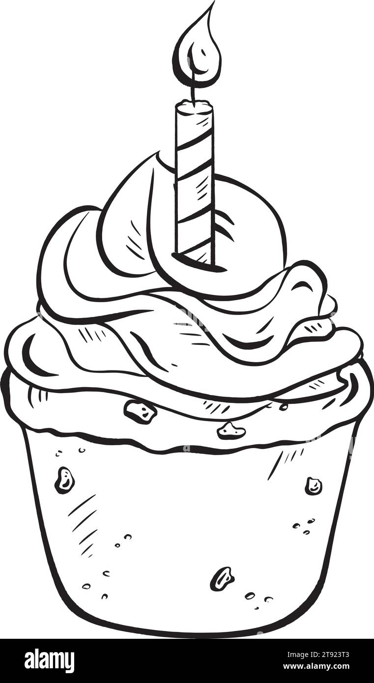 Vettore di inchiostro disegnato a mano. Muffin con una candela accesa per le celebrazioni. Cupcake con condimento per i saluti. Mini torta per le feste. Pasticceria al cioccolato. per Illustrazione Vettoriale