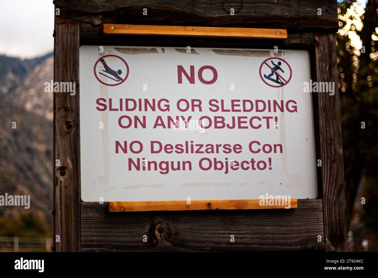Segno bilingue in inglese e spagnolo - Nessuna slitta o slitta su qualsiasi oggetto / Nessuna deslizarse con Ningun Objecto Foto Stock