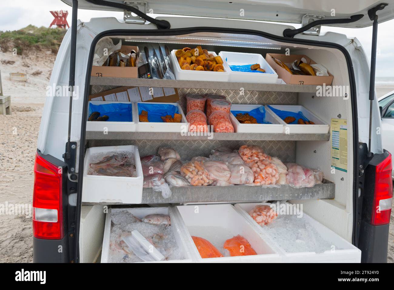 Pesce e prodotti ittici sono venduti da un'auto sulla spiaggia, Blokhus, Jutland, Danimarca Foto Stock