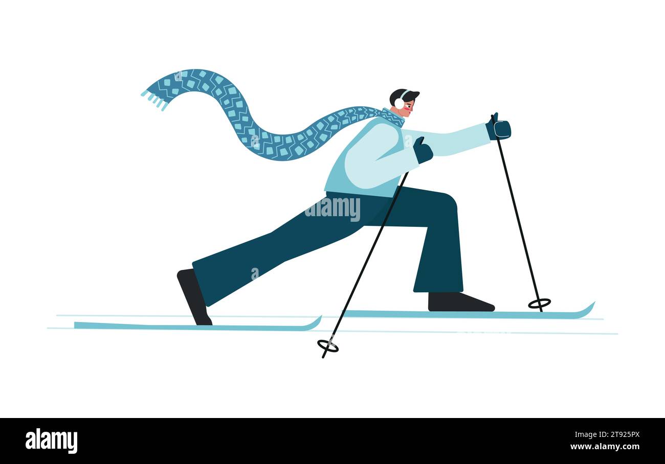 Illustrazione colorata isolata vettoriale con personaggio maschile in abito blu con allenamento invernale all'aperto. L'uomo sportivo dei cartoni animati Flat sta sciando in cross Illustrazione Vettoriale