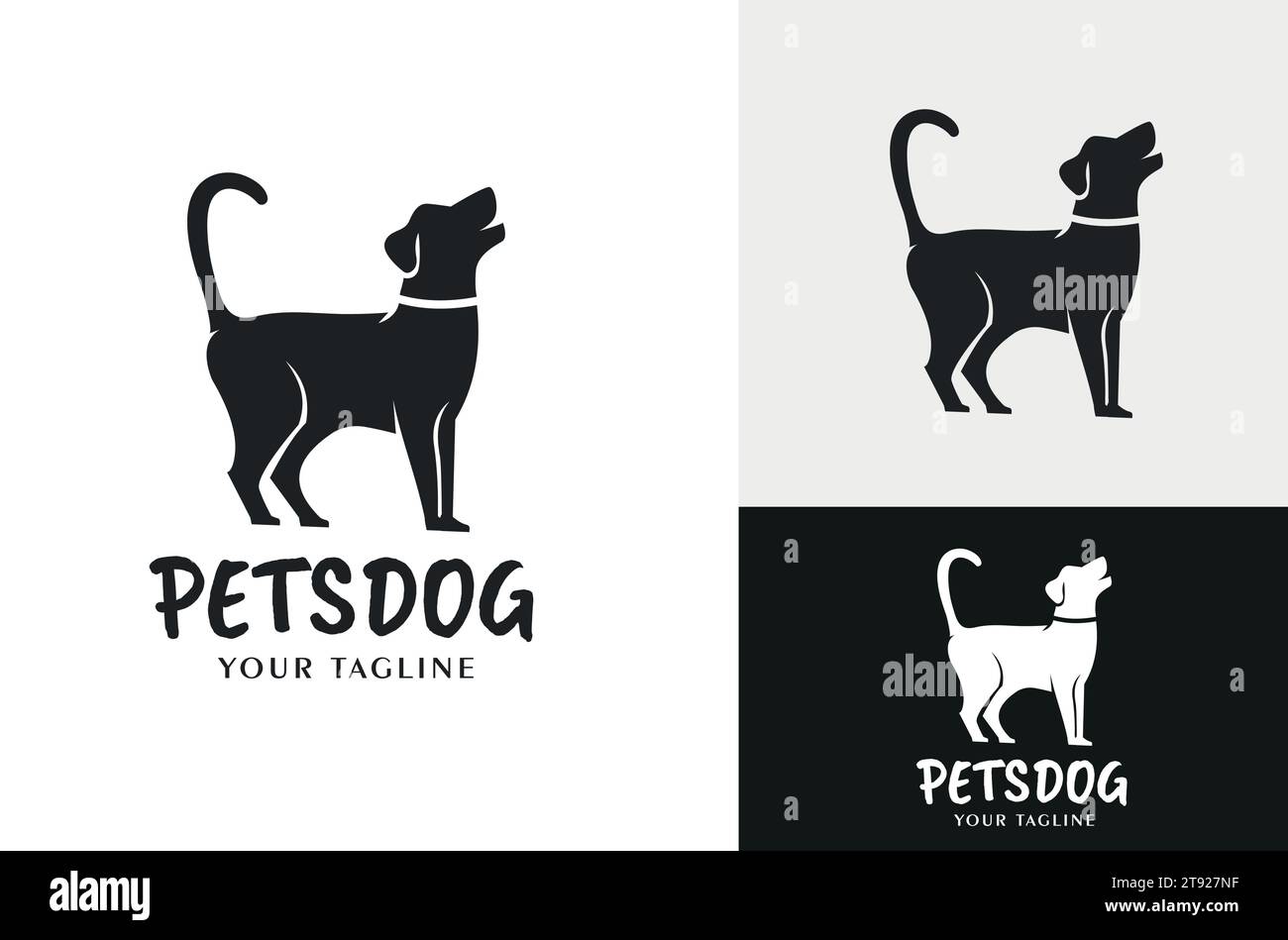 Silhouette di PET Dog che gioca. Disegno illustrativo di un cane con una coda in piedi come segno di voler giocare a sfondo bianco e nero Illustrazione Vettoriale