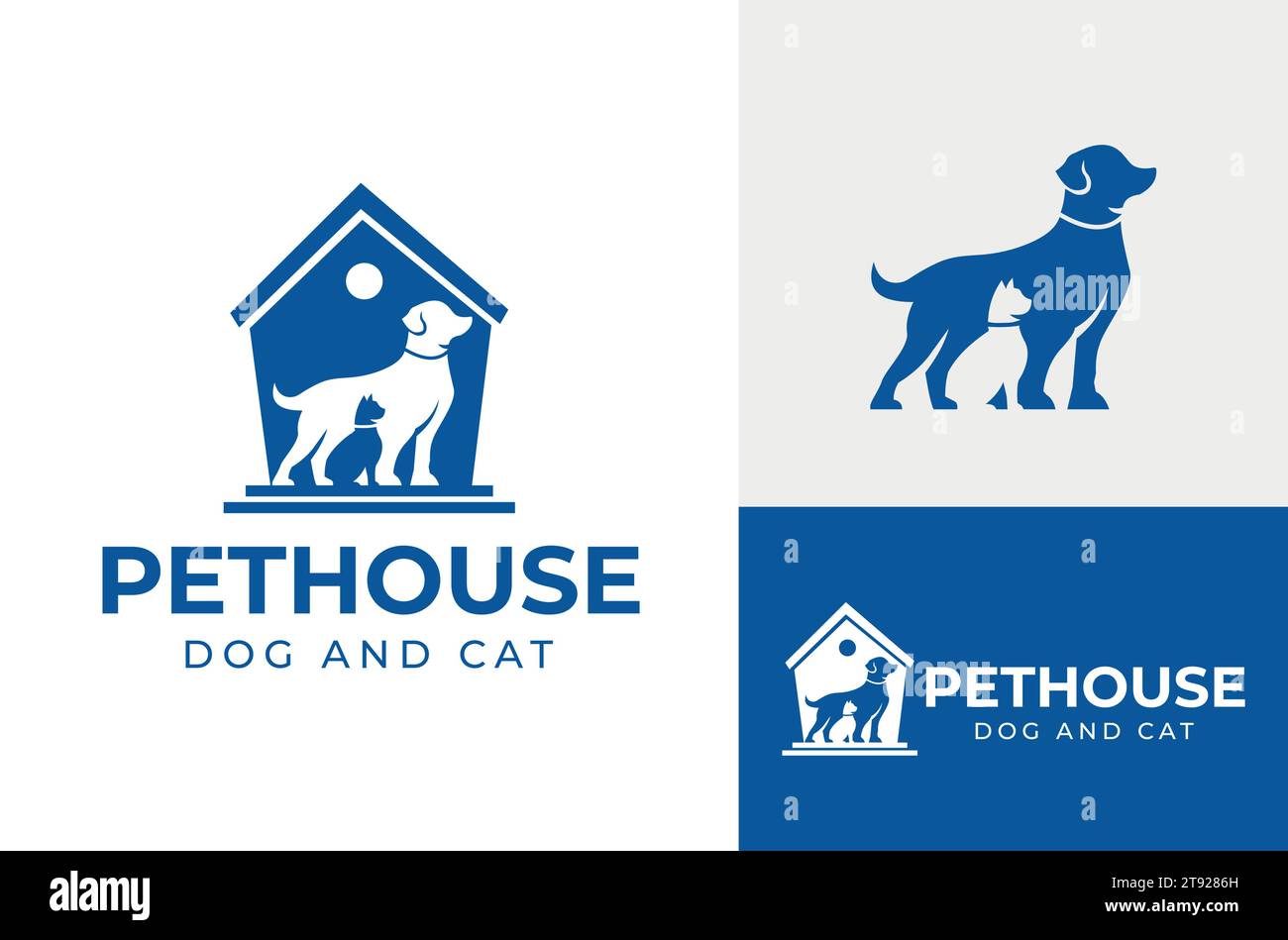 Blue Animal House Illustration la silhouette del gatto del cane può essere utilizzata per il modello di progettazione Vector del negozio di animali domestici Illustrazione Vettoriale