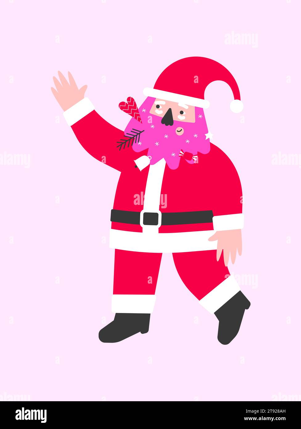 Illustrazione vettoriale con carattere piatto di Babbo natale americano. Design del poster A4, biglietto d'auguri per augurare buon Natale. Cartolina di Capodanno in rosso, Illustrazione Vettoriale